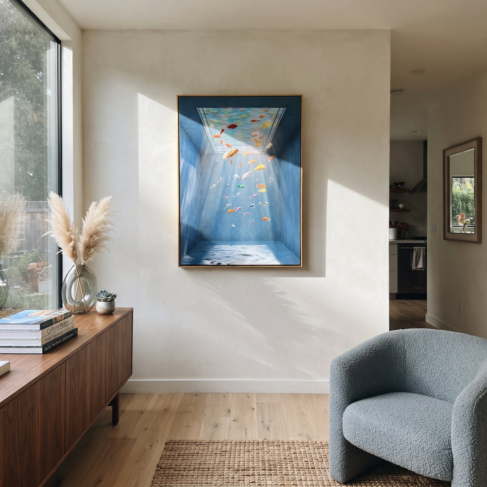 Cobalt Rain Finds Color displayed as a Retro Modern room focal point