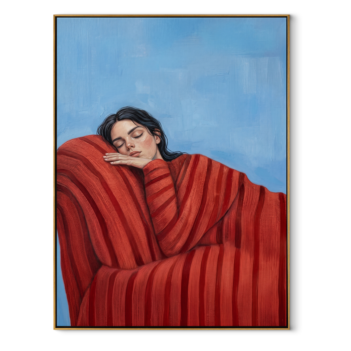 Red Coat Holds Winter textured figurative painting, vertical canvas artwork