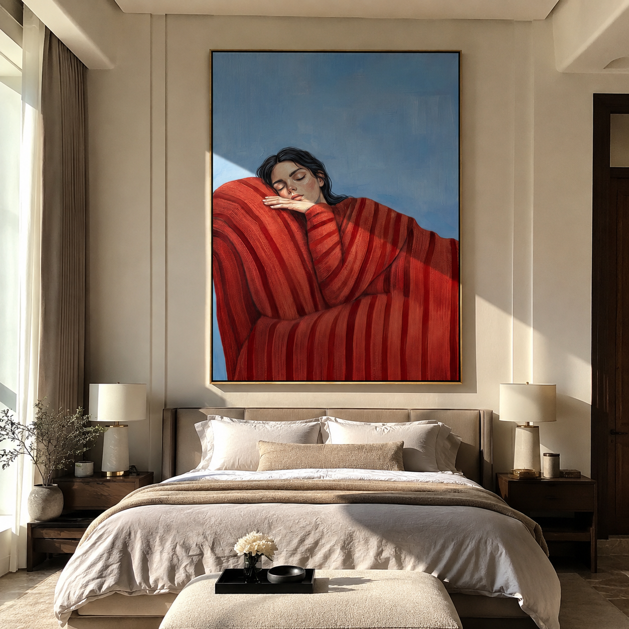Red Coat Holds Winter styled with neutral modern furnishings