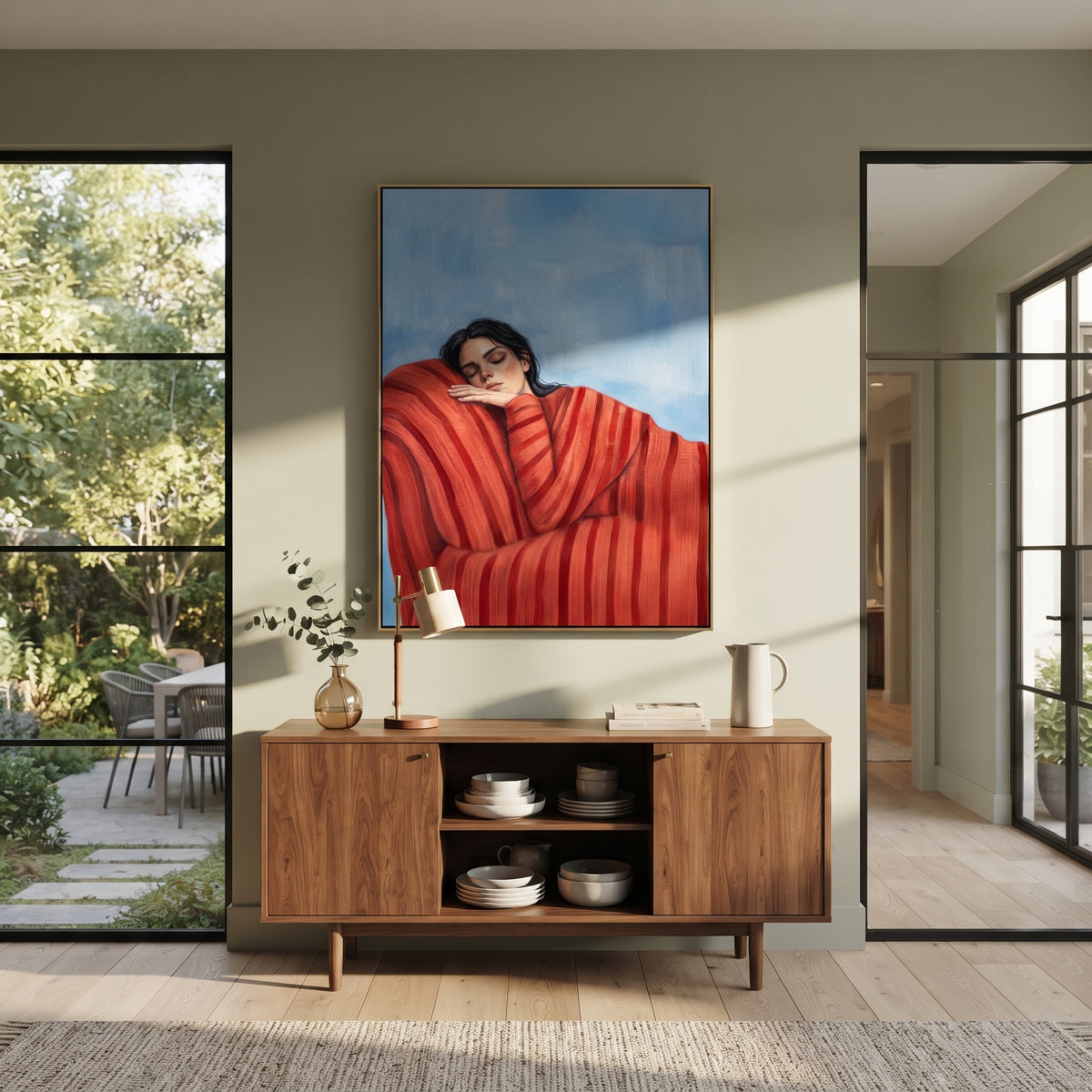 Red Coat Holds Winter displayed as a Retro Modern room focal point