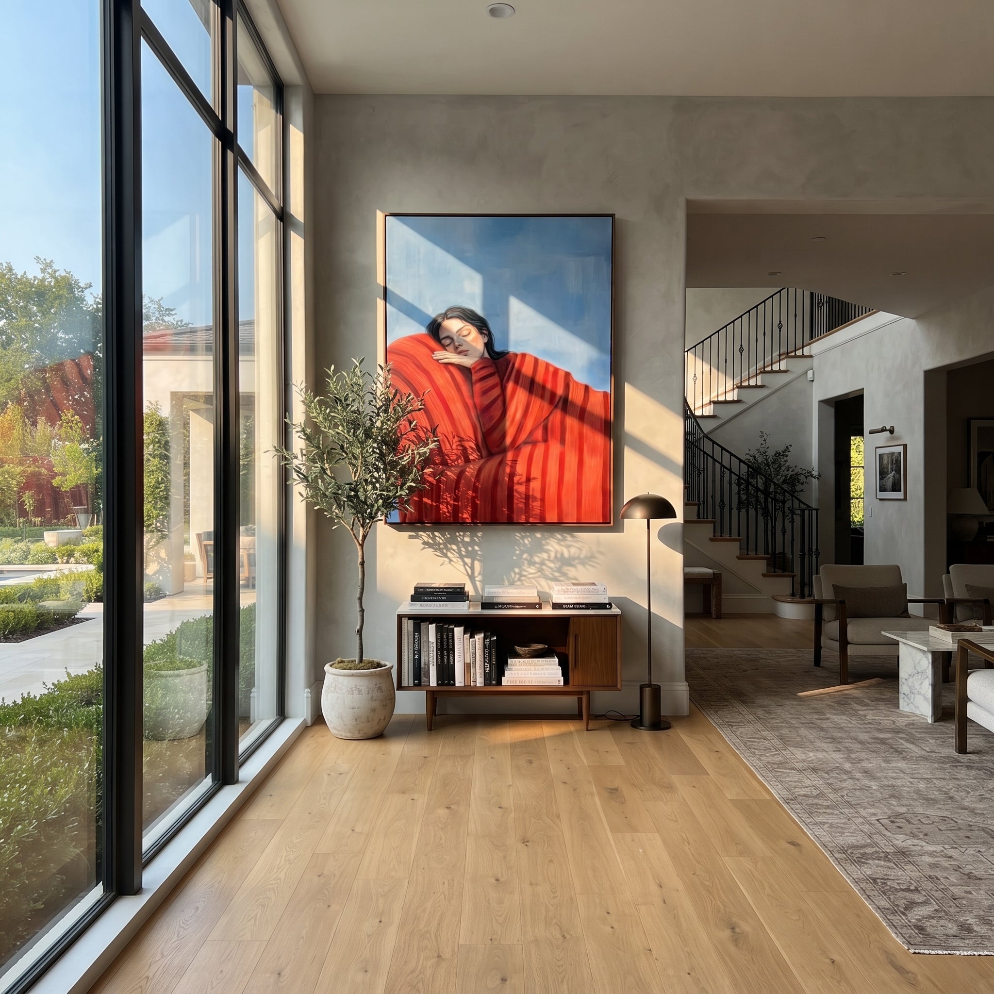 Red Coat Holds Winter styled in a layered residential interior