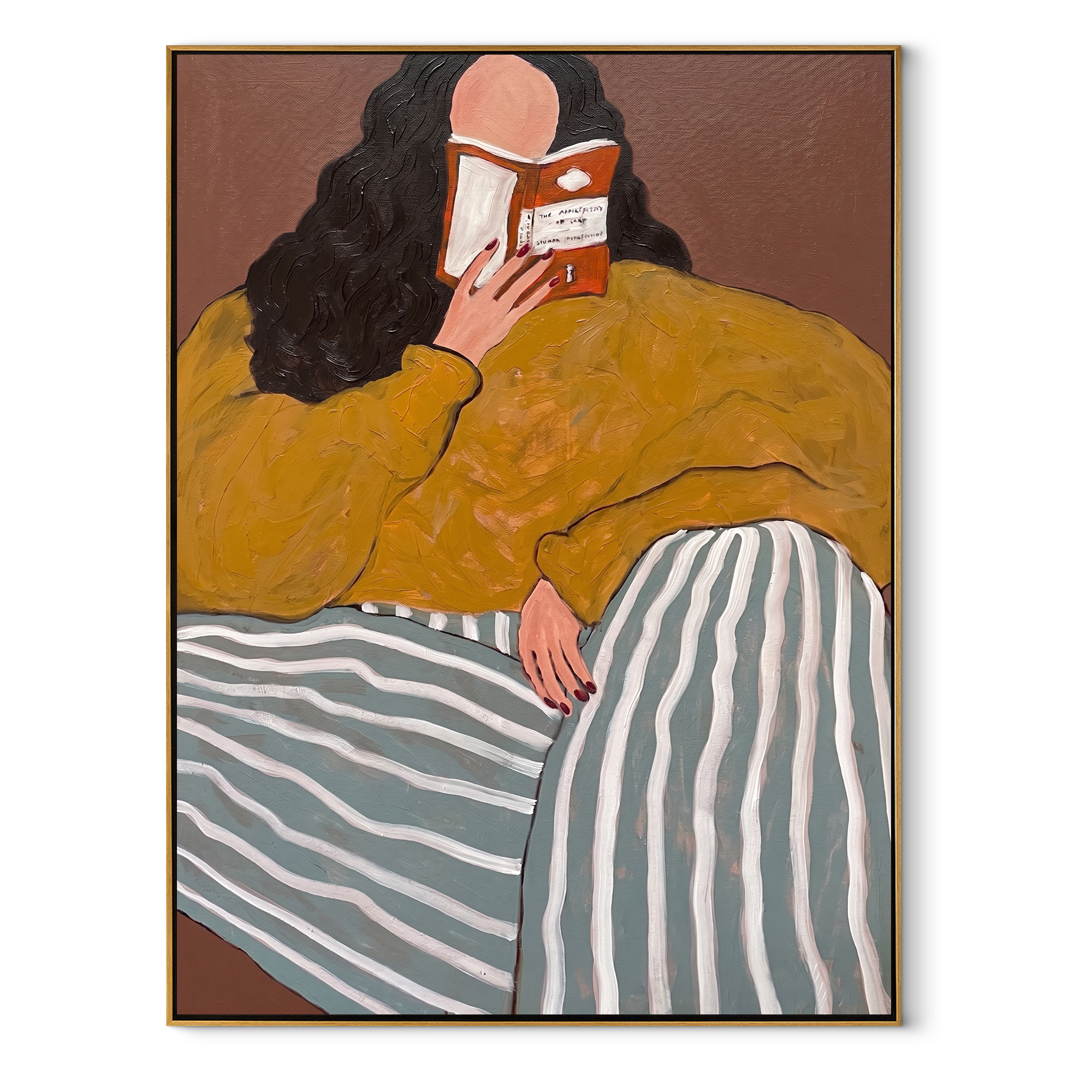 Mustard Sweater Keeps Rest textured figurative painting, vertical canvas artwork