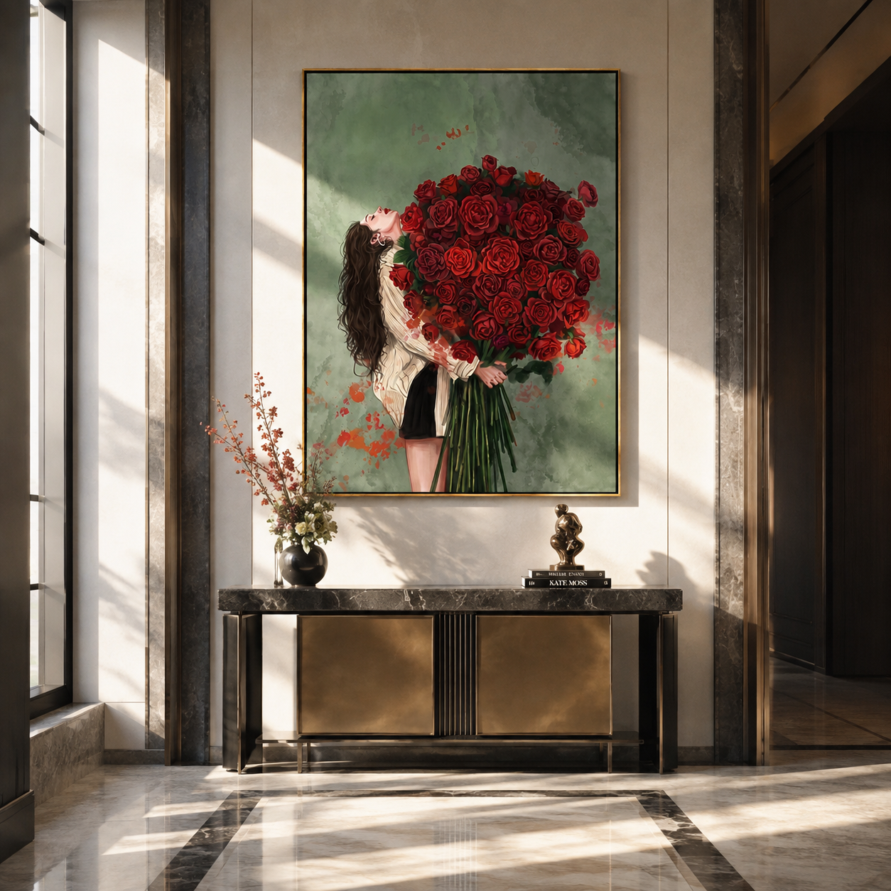 Red Roses Hide Noon displayed in a warm contemporary interior