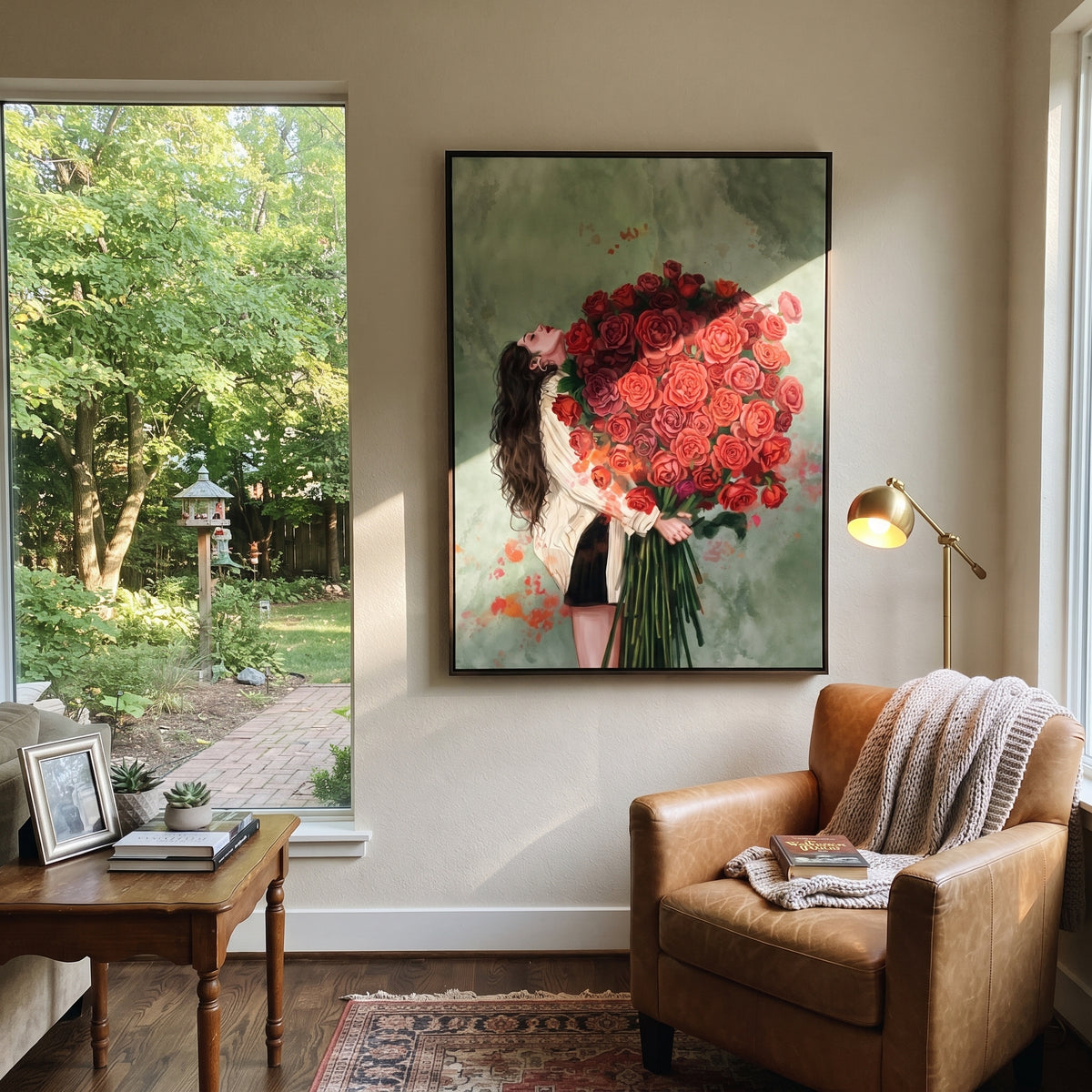 Red Roses Hide Noon styled with neutral modern furnishings