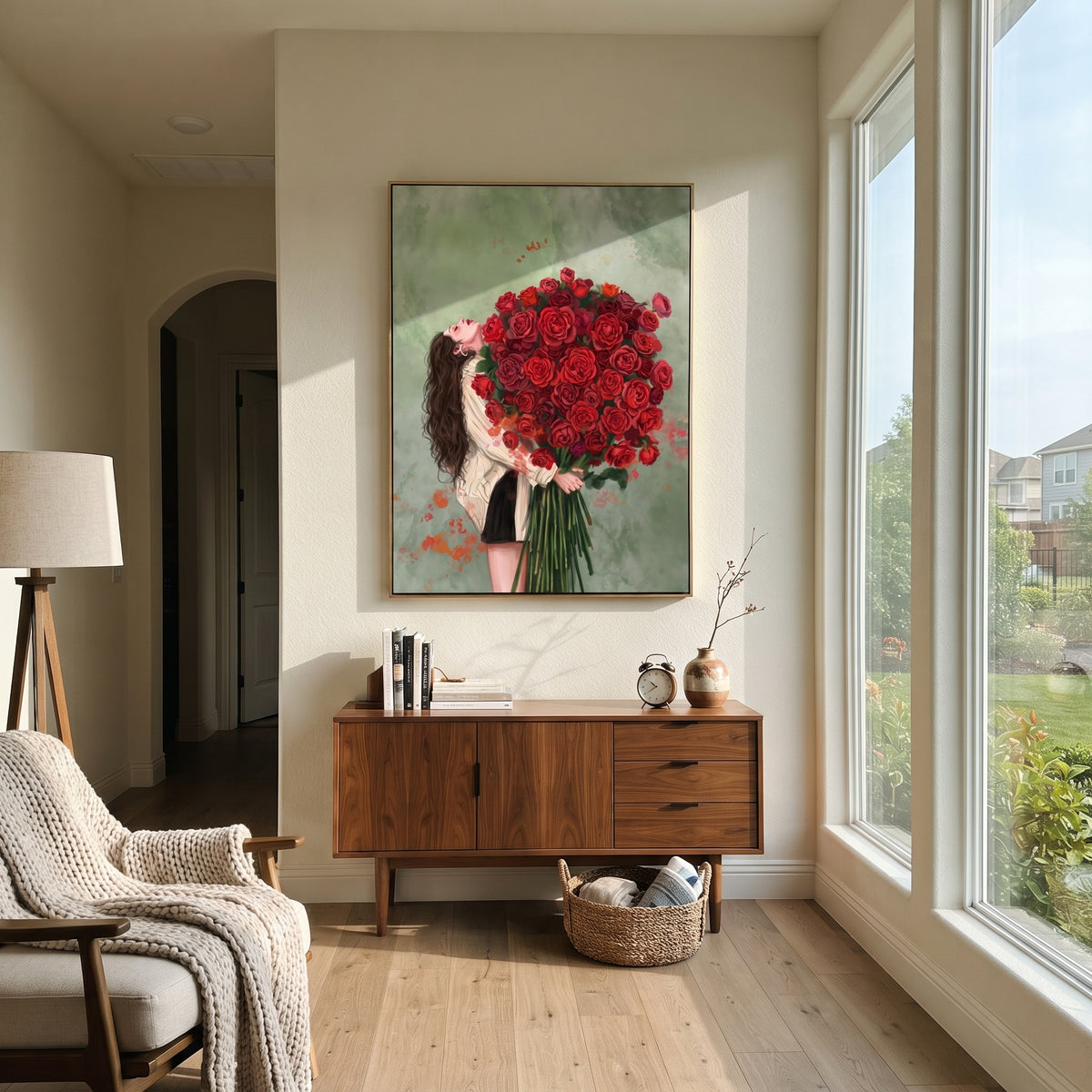 Red Roses Hide Noon presented above a contemporary console