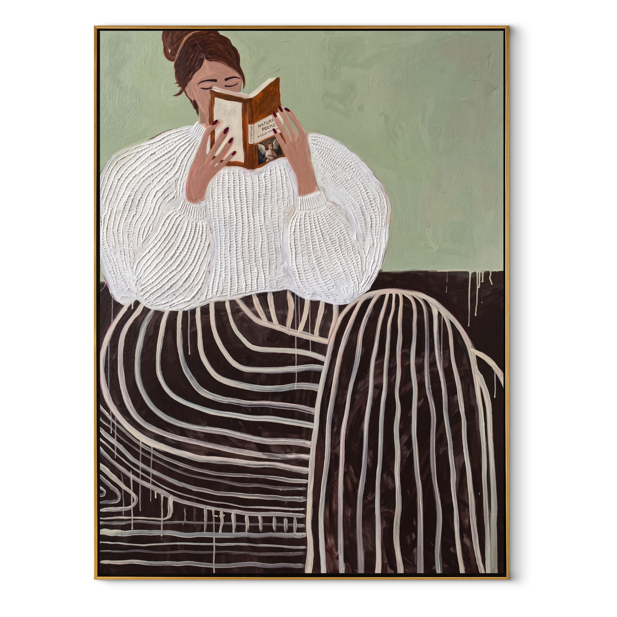 Striped Skirt Holds Pages textured figurative painting, vertical canvas artwork