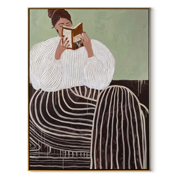Striped Skirt Holds Pages – Seated Woman Reading Painting | Retro Modern Vertical Wall Art