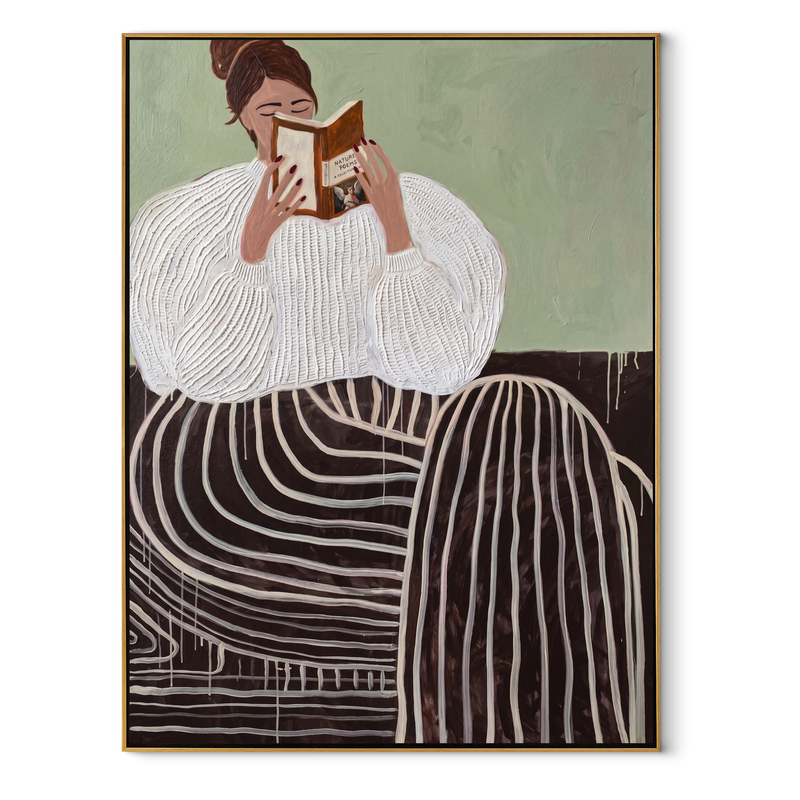 Striped Skirt Holds Pages – Seated Woman Reading Painting | Retro Modern Vertical Wall Art