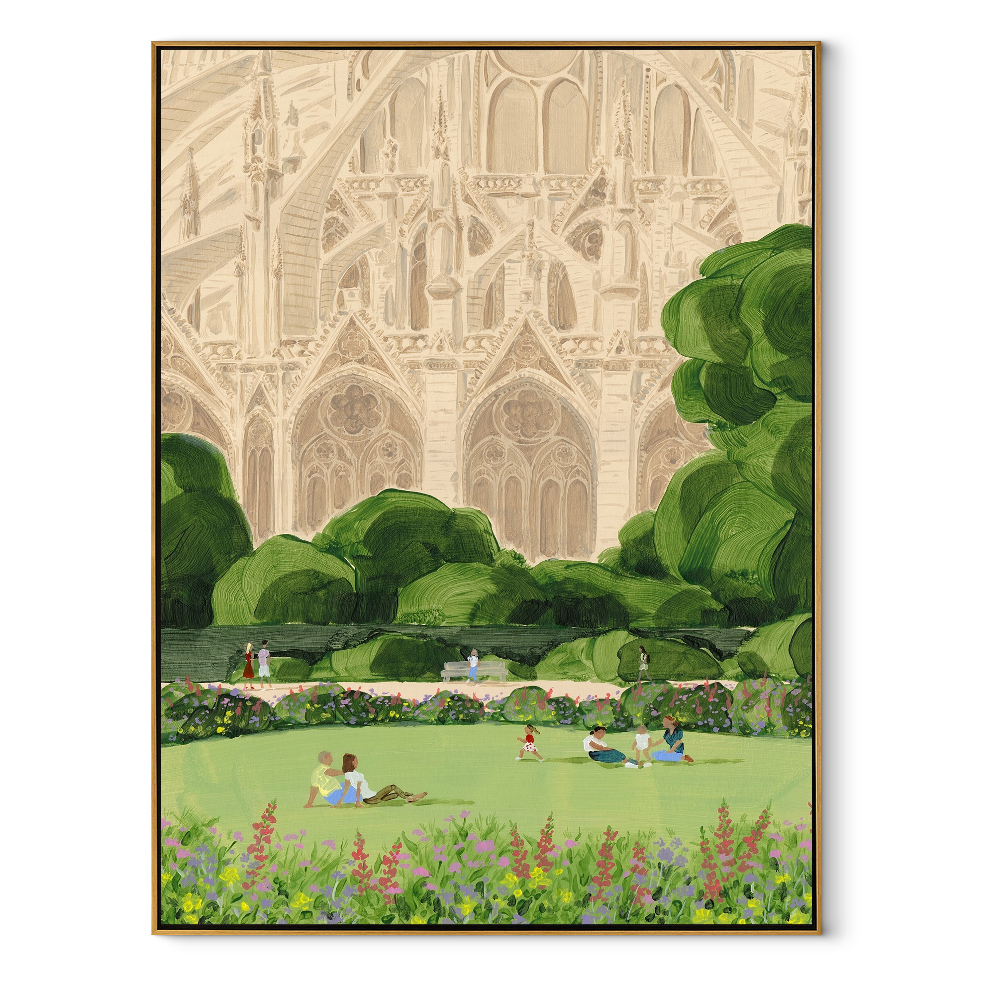 Green Pond Keeps Trees textured figurative painting, vertical canvas artwork