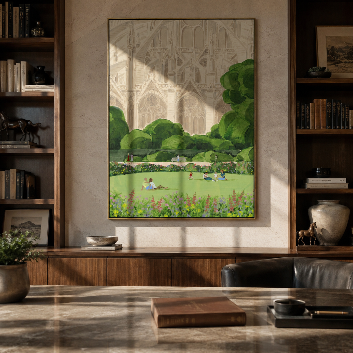 Green Pond Keeps Trees styled in a layered residential interior