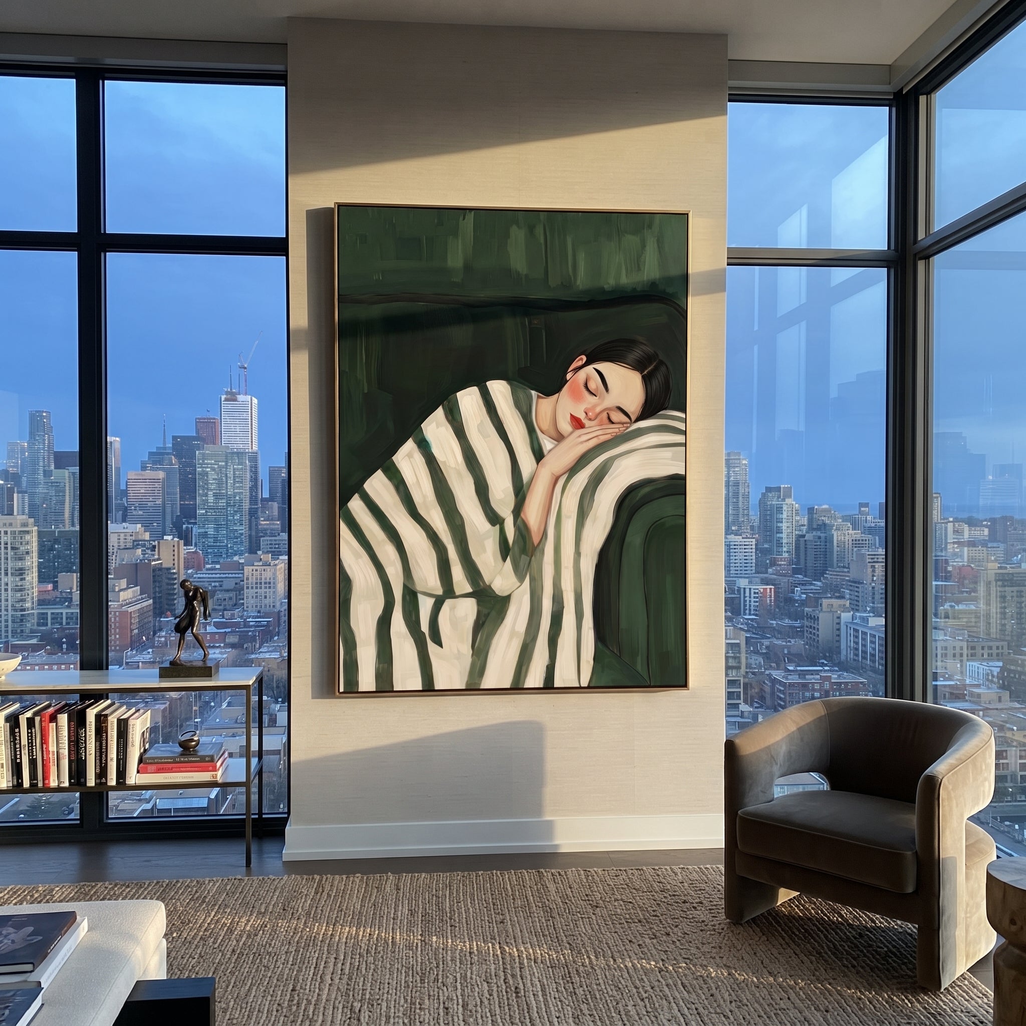 Green Stripes Shelter Sleep displayed in a warm contemporary interior