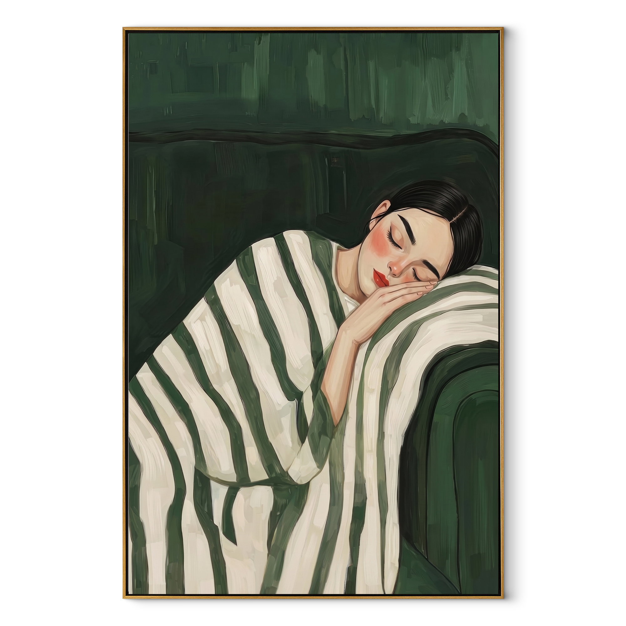 Green Stripes Shelter Sleep textured figurative painting, vertical canvas artwork