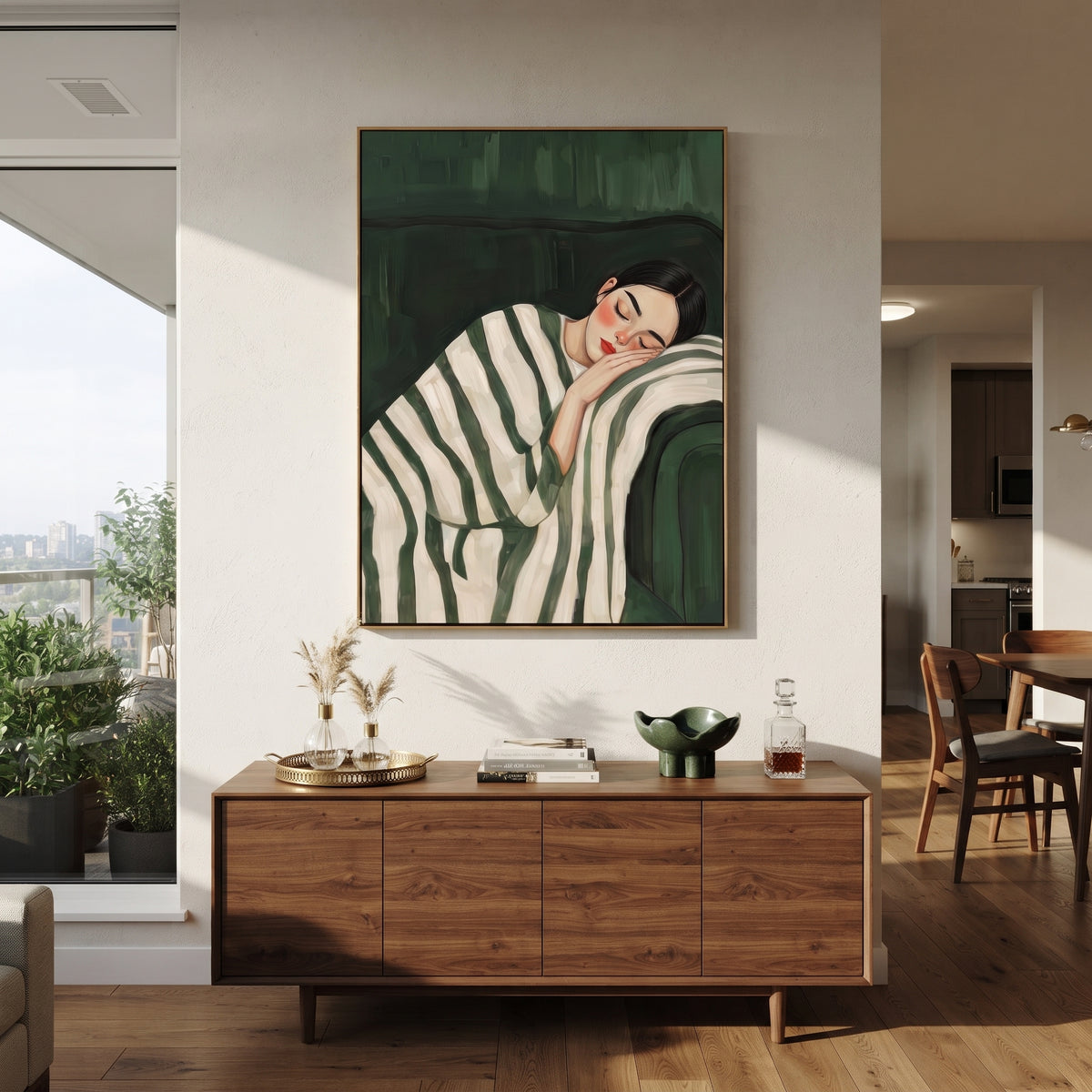 Green Stripes Shelter Sleep displayed as a Retro Modern room focal point