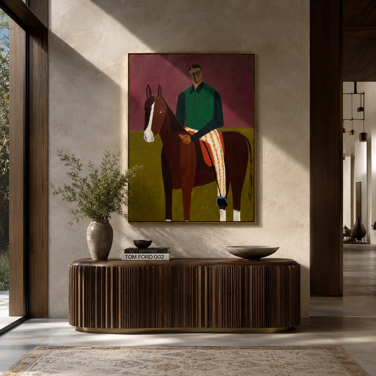 Horse Waits Beside Burgundy styled with neutral modern furnishings