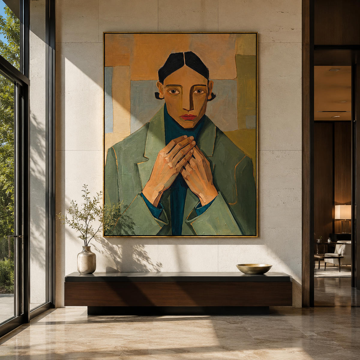 Green Suit Holds Patience presented above a contemporary console