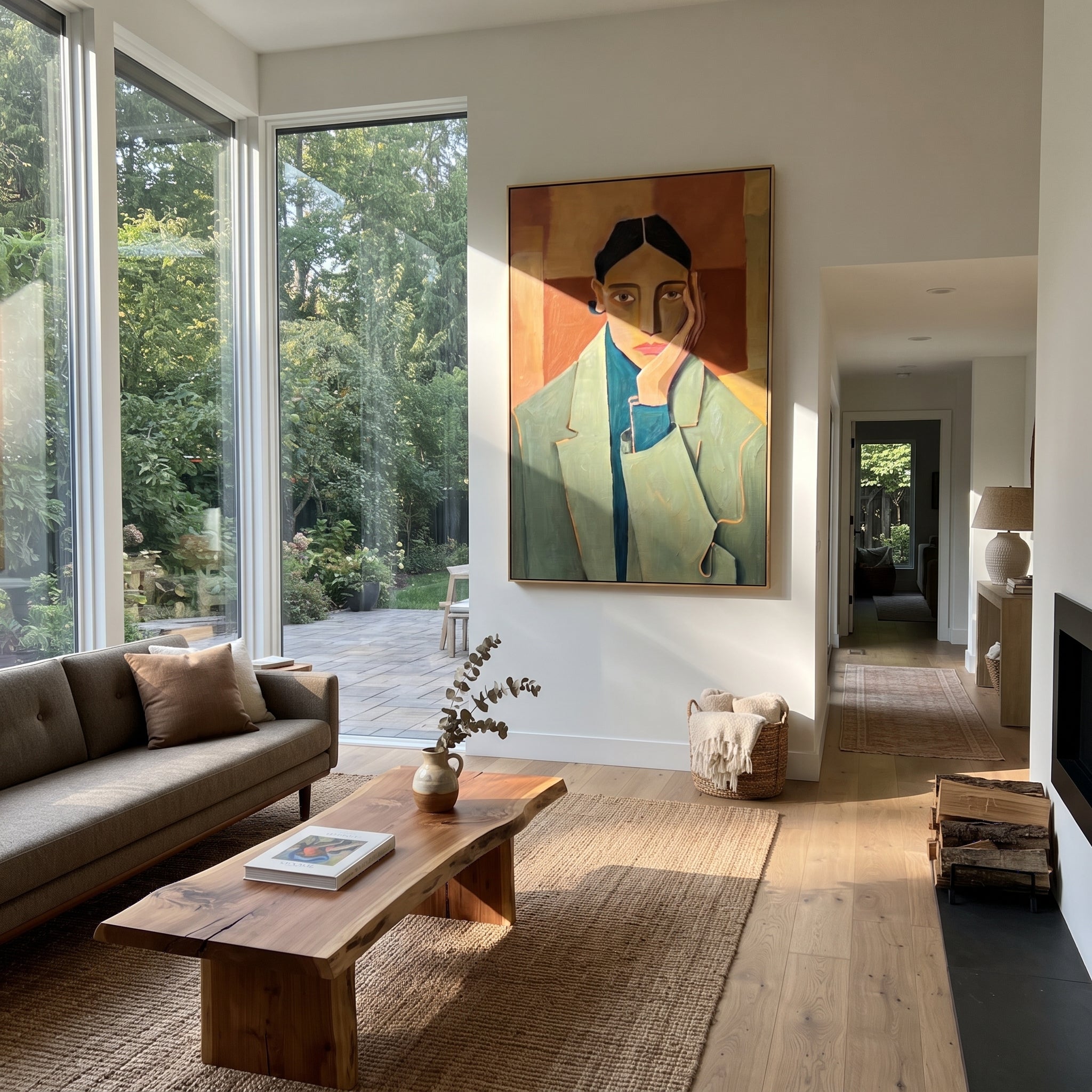 Blue Jacket Meets Rust displayed in a warm contemporary interior