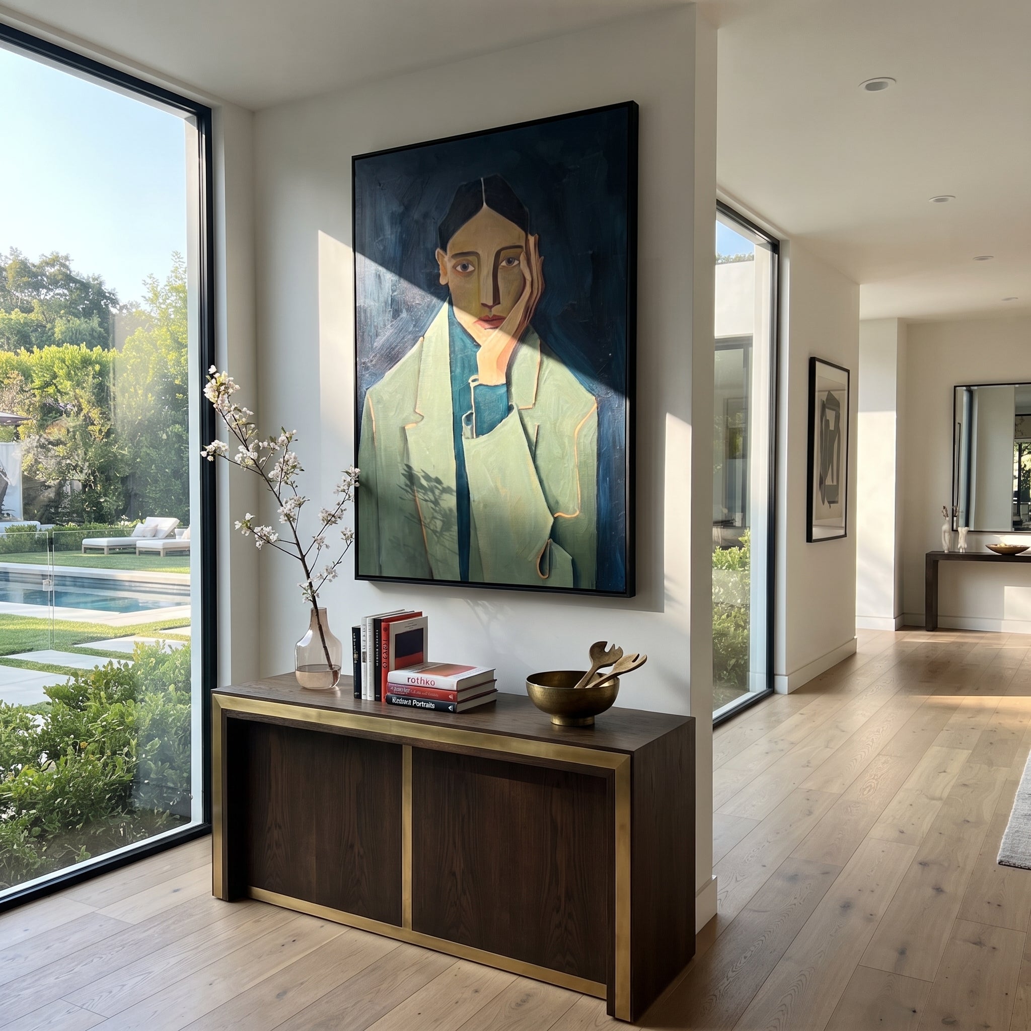 Blue Room Holds Gaze presented above a contemporary console