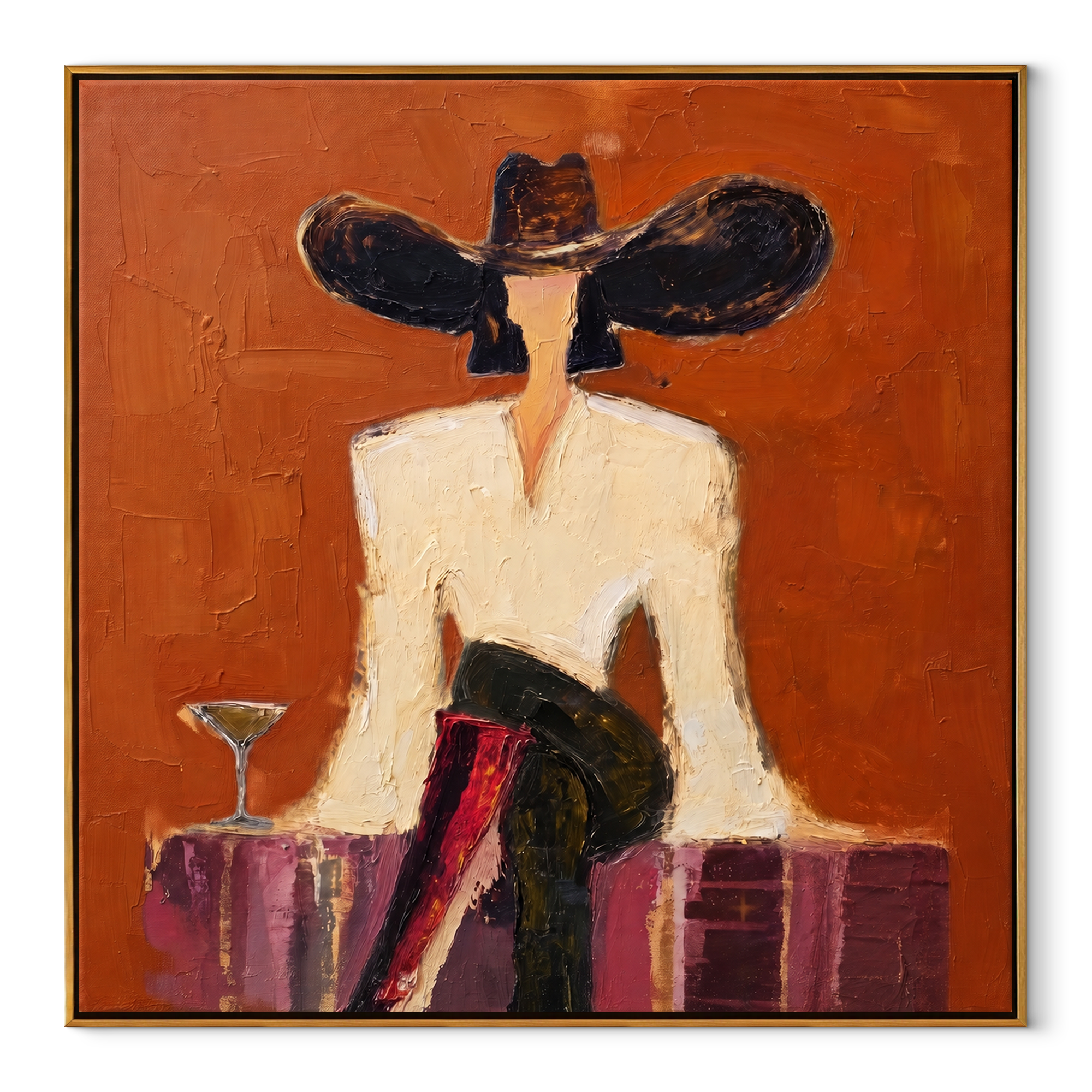 Black Brim Frames Morning textured figurative painting, square canvas artwork