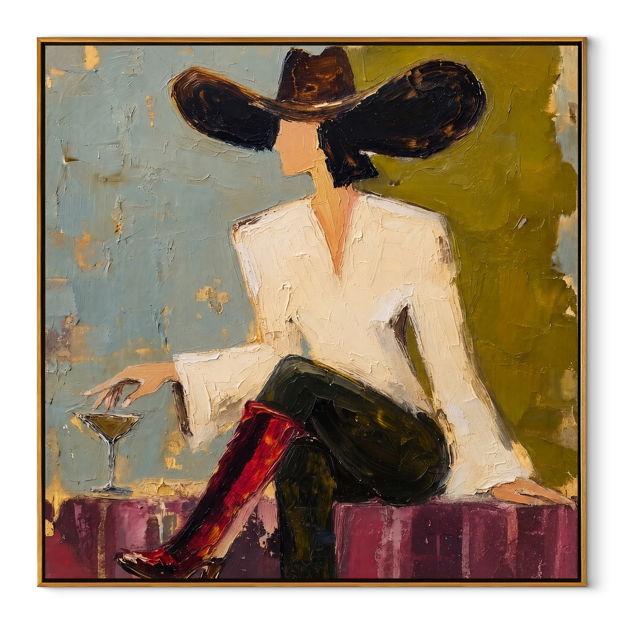 Striped Table Meets Mustard textured figurative painting, square canvas artwork