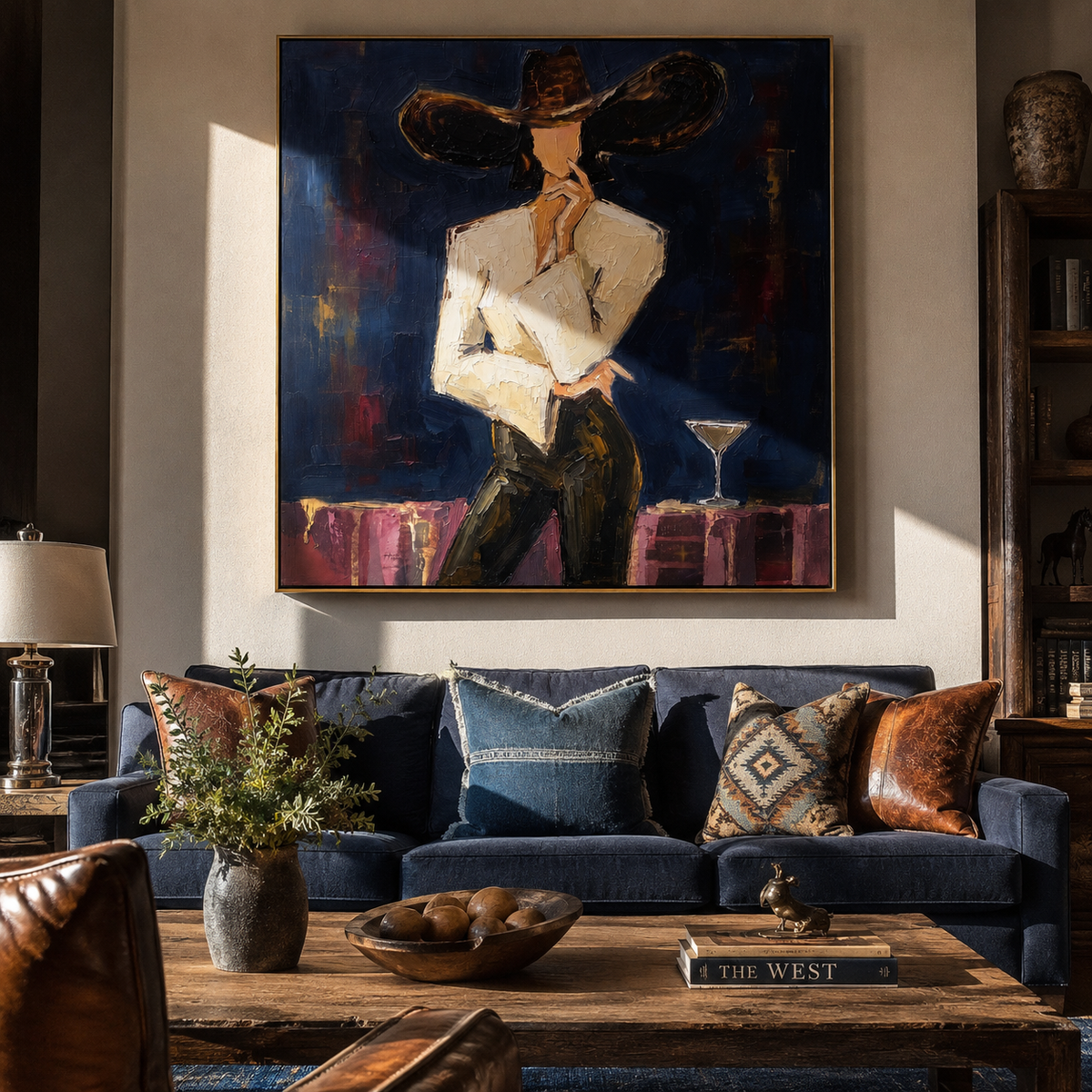 Midnight Brim Cuts Scarlet presented above a contemporary console
