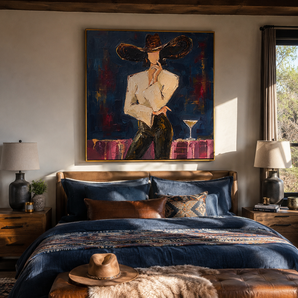 Midnight Brim Cuts Scarlet displayed as a Retro Modern room focal point