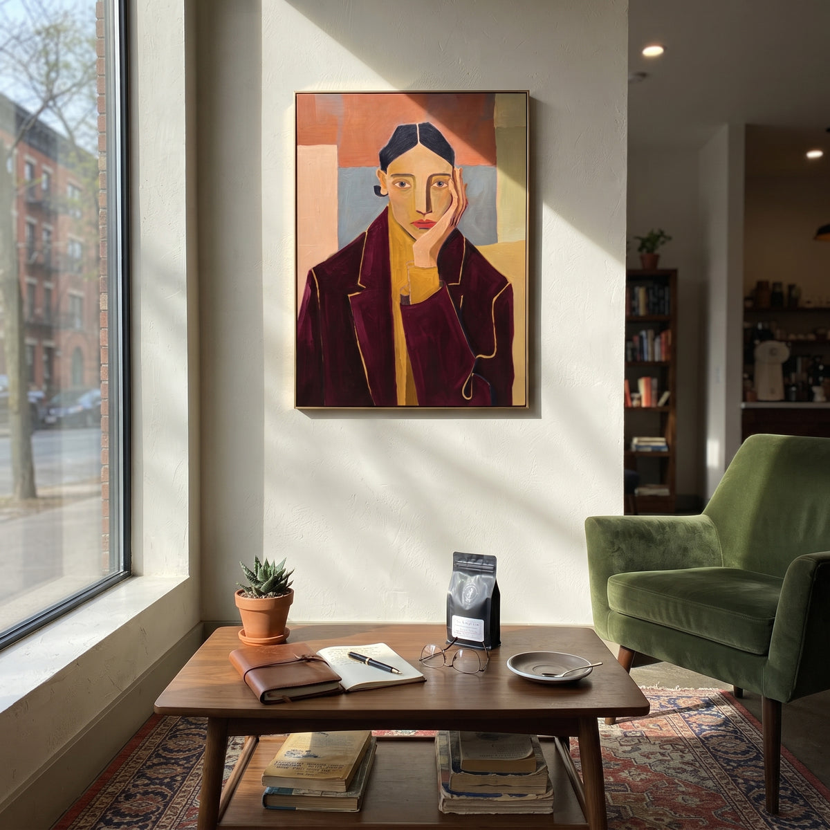 Burgundy Jacket Keeps Counsel styled with neutral modern furnishings