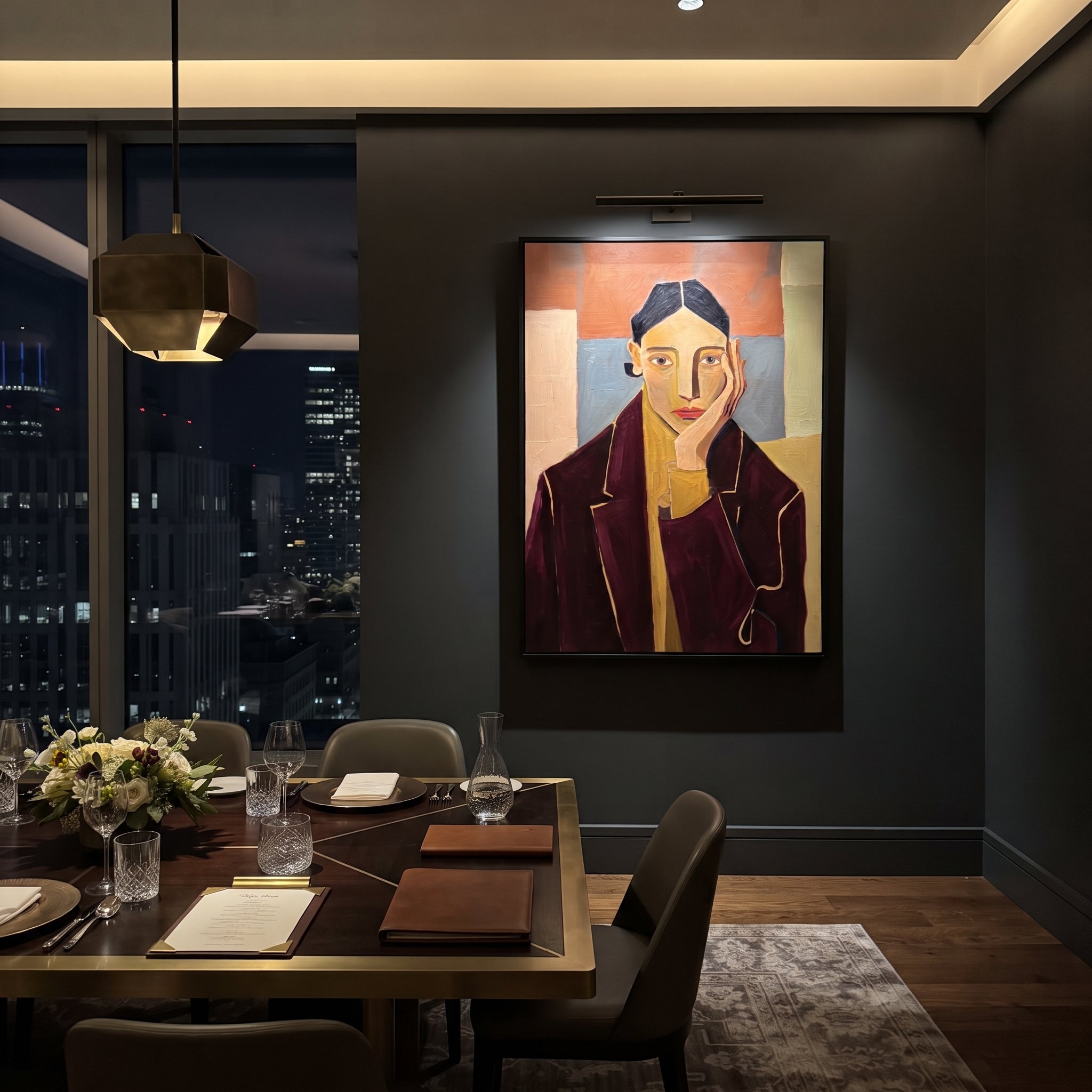 Burgundy Jacket Keeps Counsel presented above a contemporary console