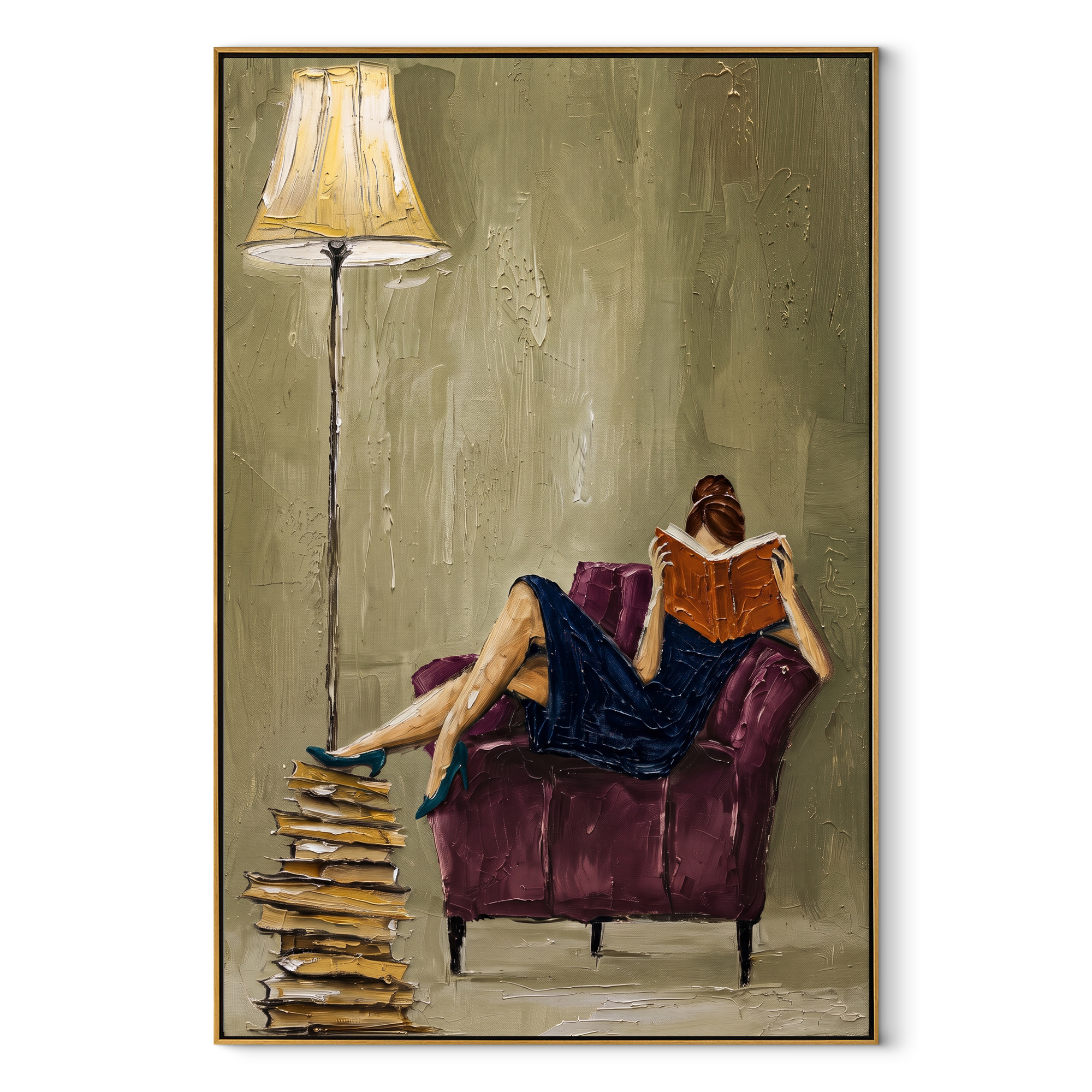 Books Wait Beneath Lamp textured figurative painting, vertical canvas artwork