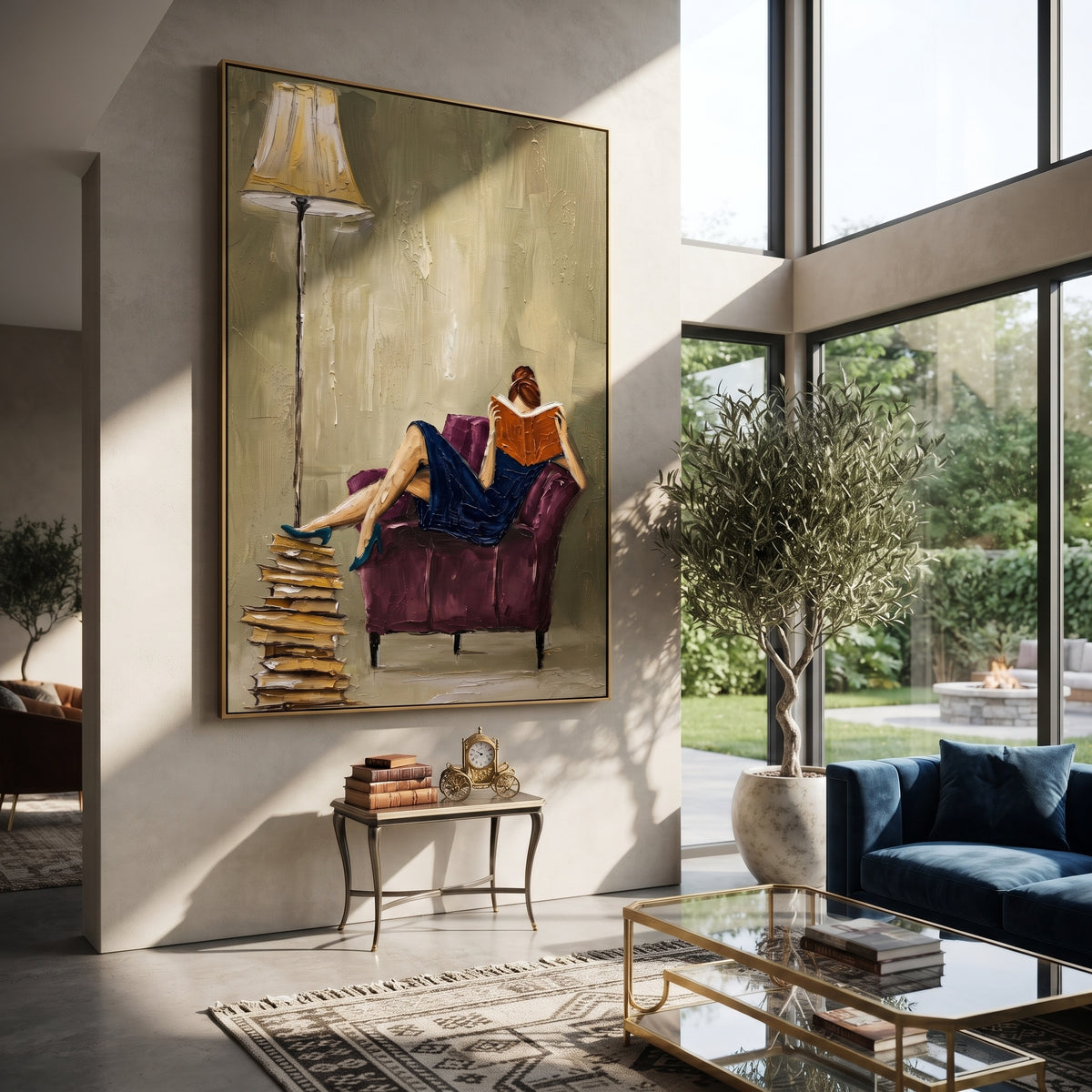 Books Wait Beneath Lamp styled with neutral modern furnishings