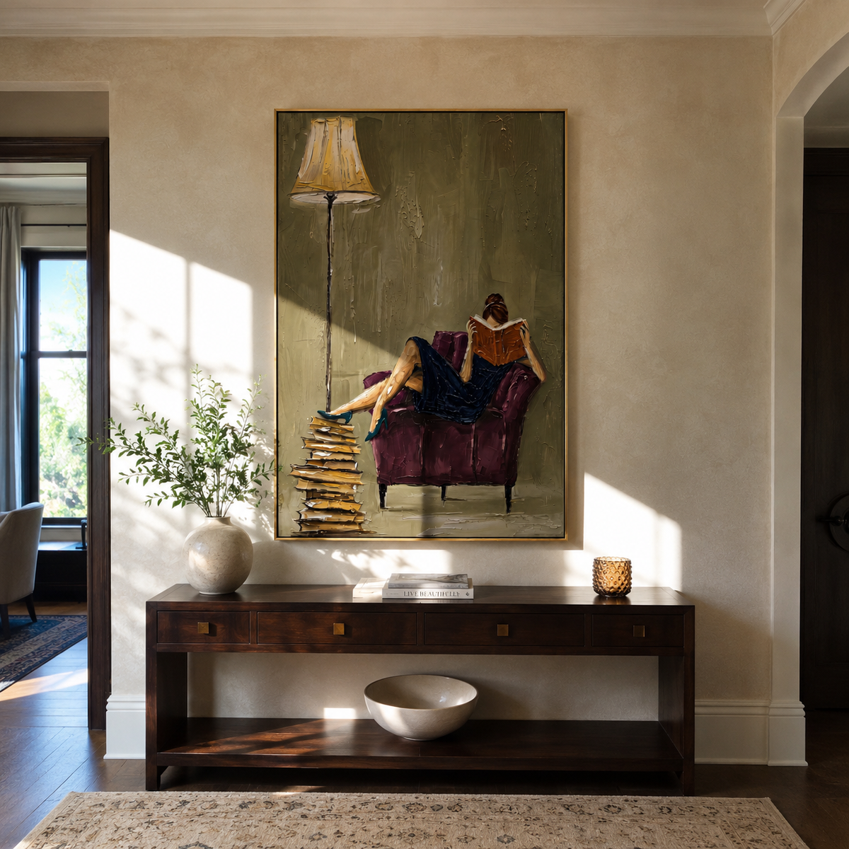 Books Wait Beneath Lamp styled in a layered residential interior
