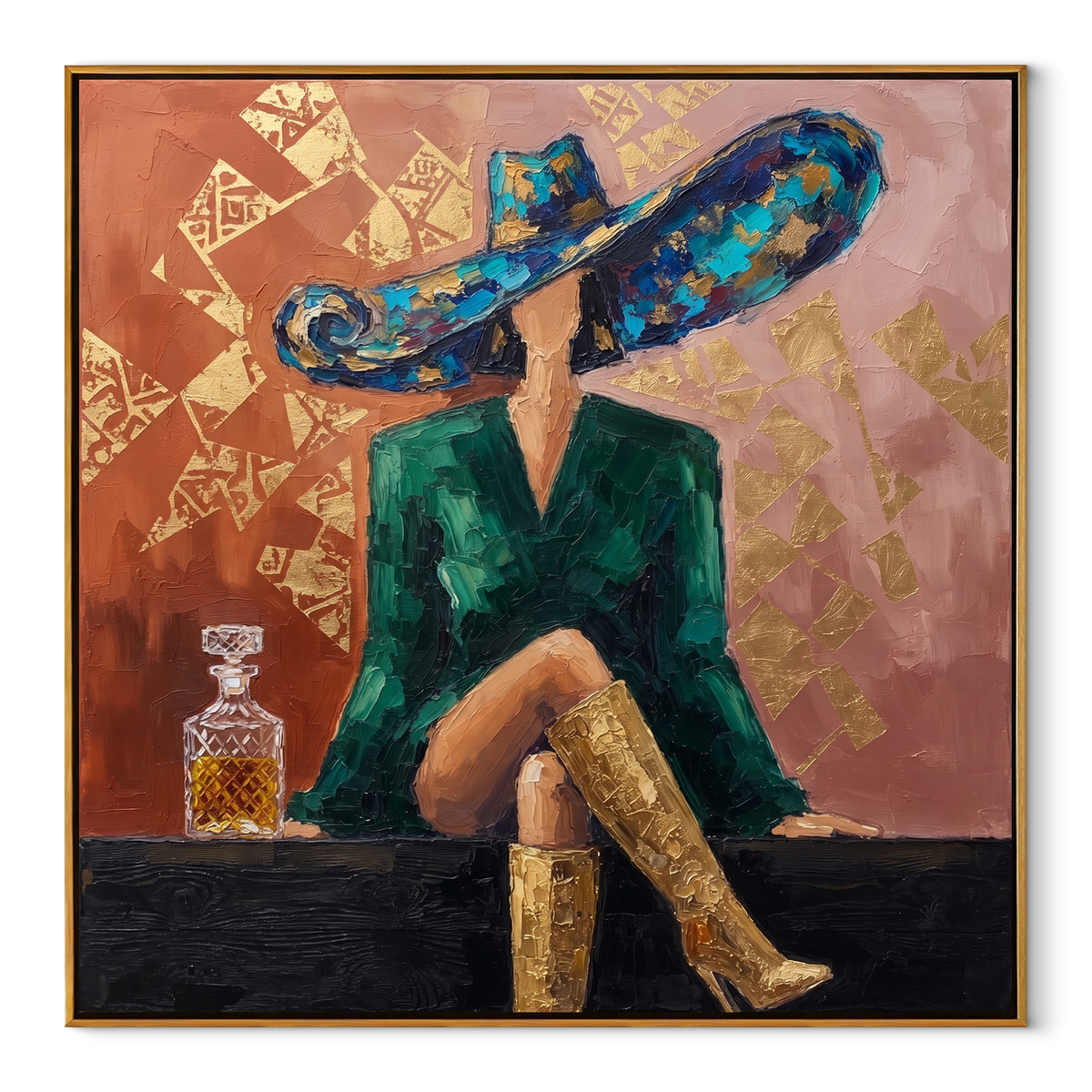 Butterfly Crown Holds Tea textured figurative painting, square canvas artwork