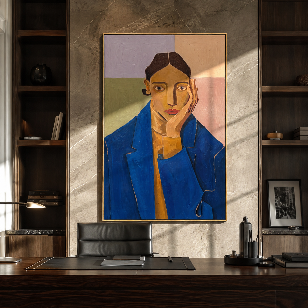 Blue Suit Faces Violet styled with neutral modern furnishings