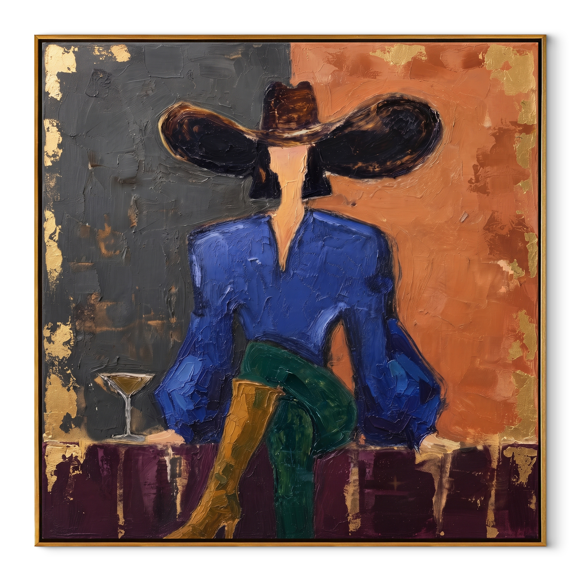 Dark Brim Guards Table textured figurative painting, square canvas artwork