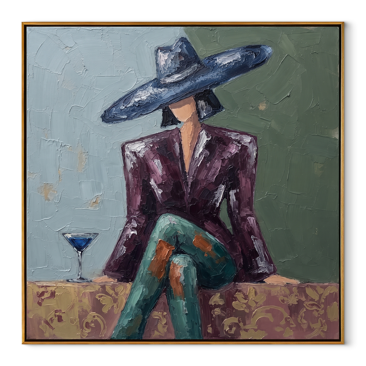 Cocktail Waits Beneath Brim textured figurative painting, square canvas artwork