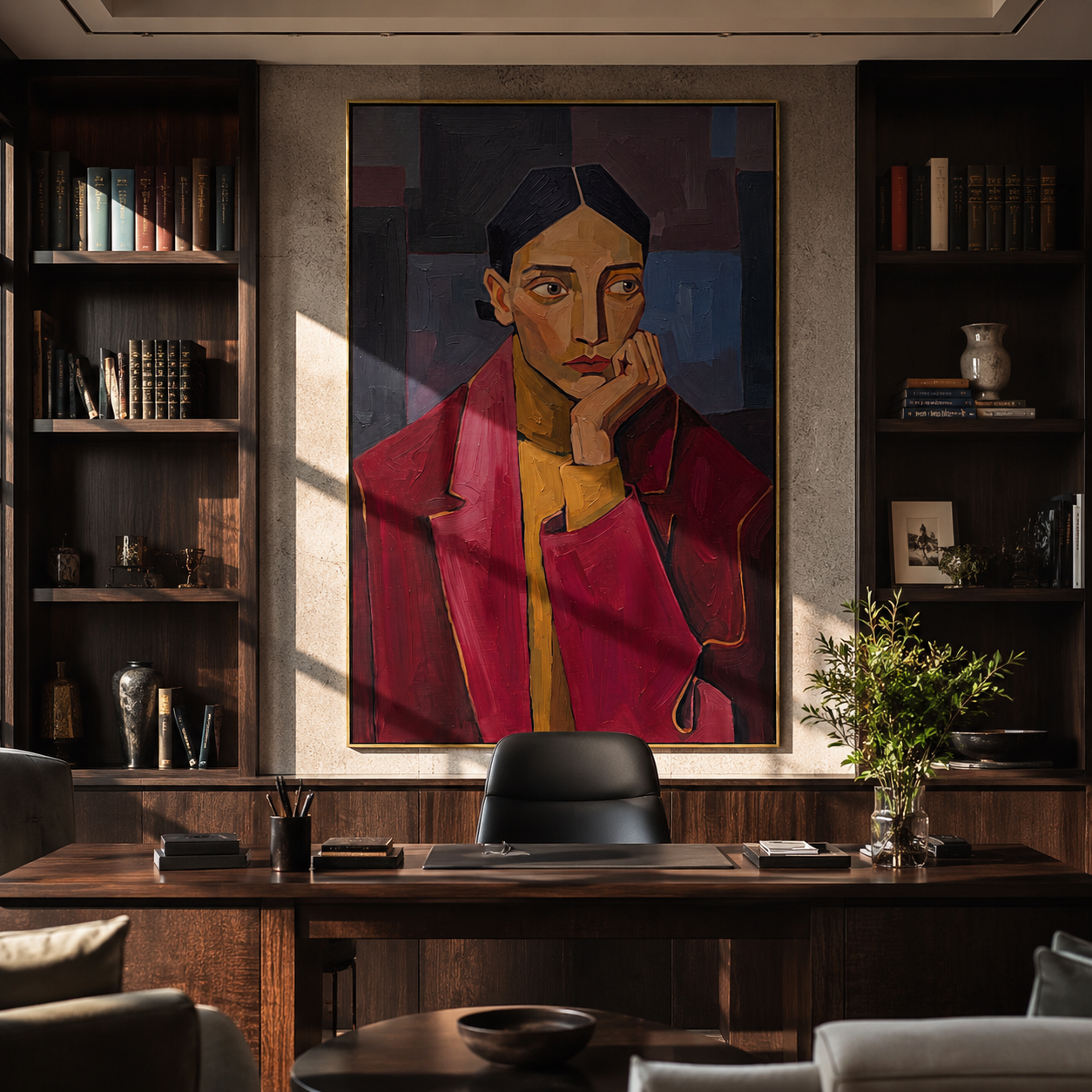 Red Jacket Holds Doubt displayed in a warm contemporary interior