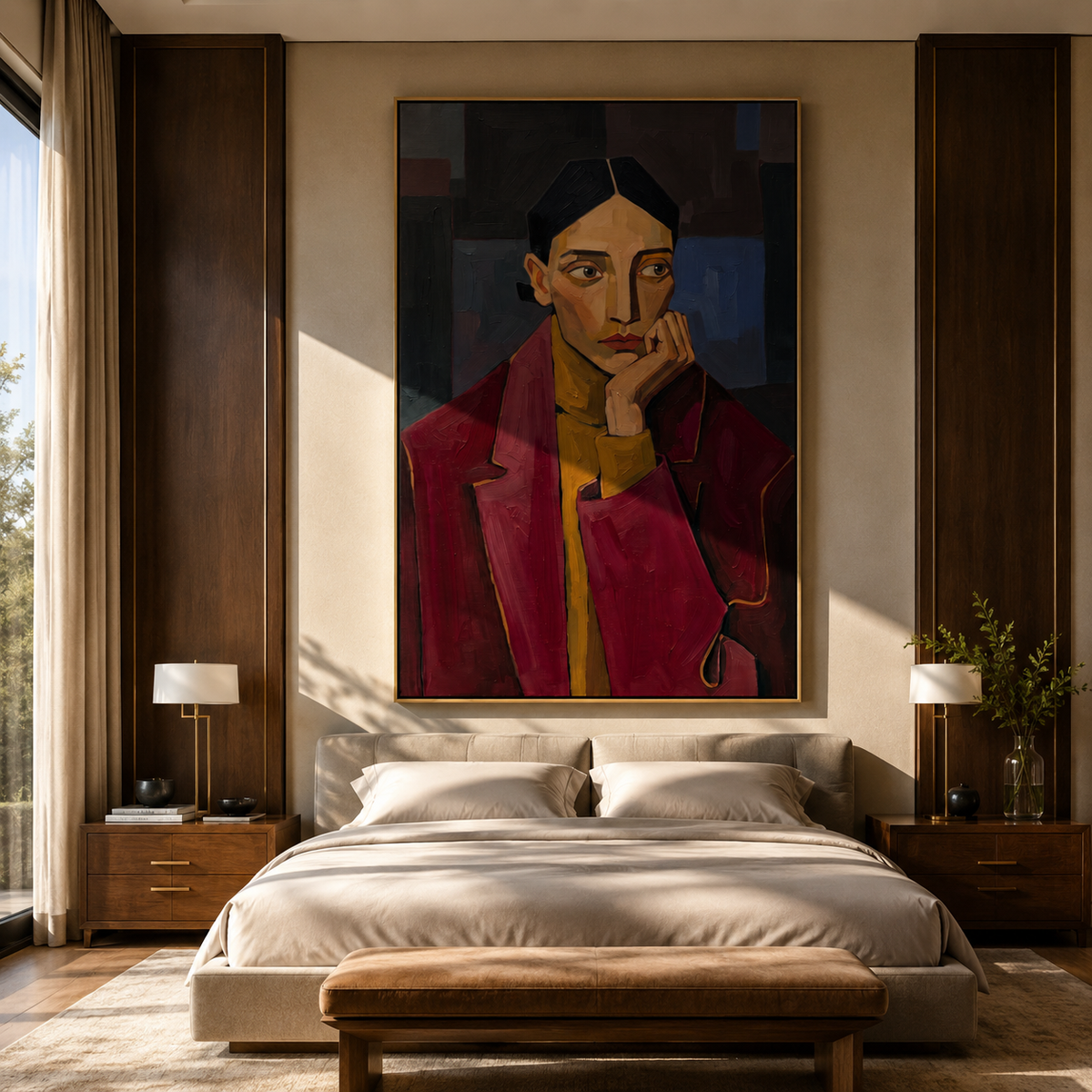 Red Jacket Holds Doubt styled with neutral modern furnishings