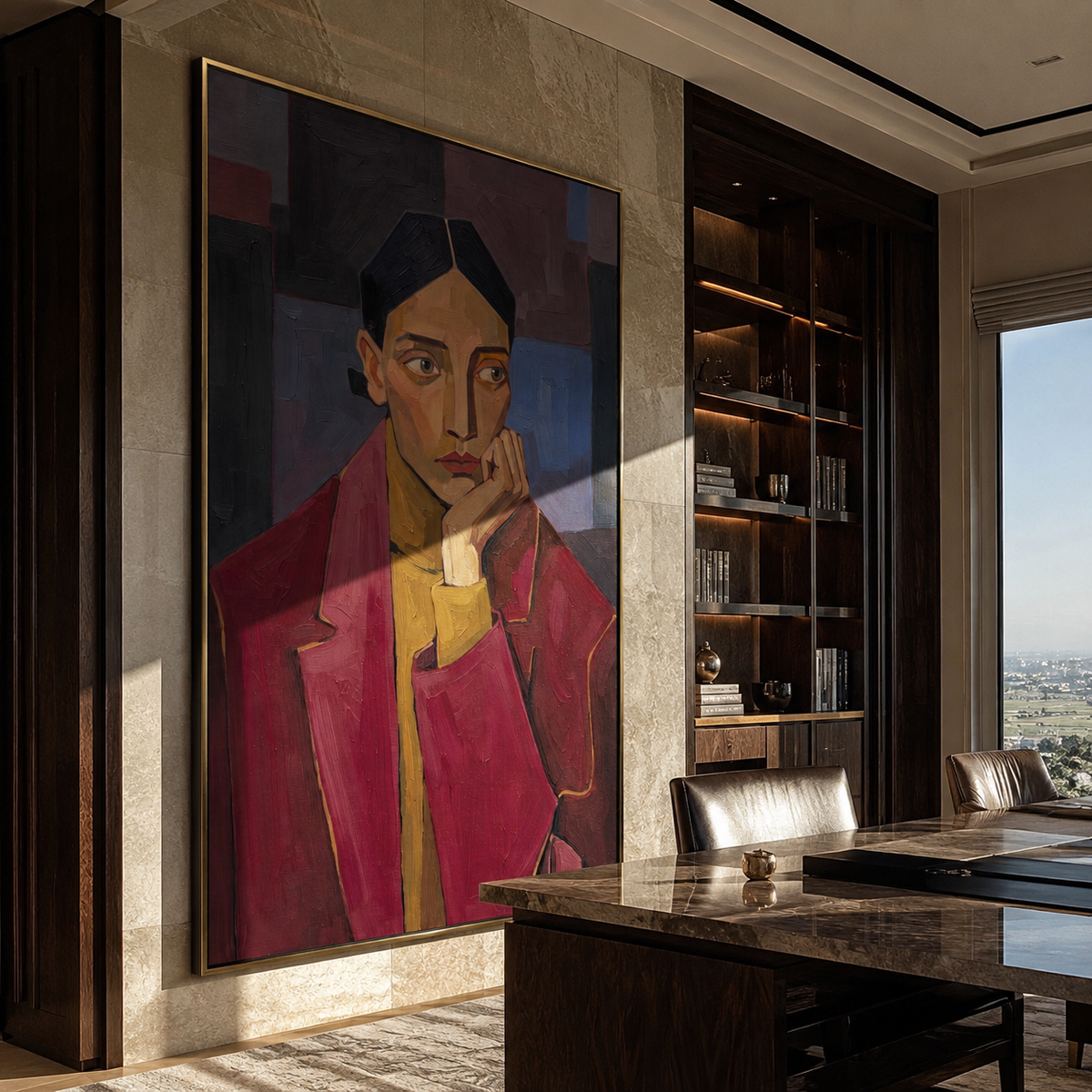 Red Jacket Holds Doubt displayed as a Retro Modern room focal point