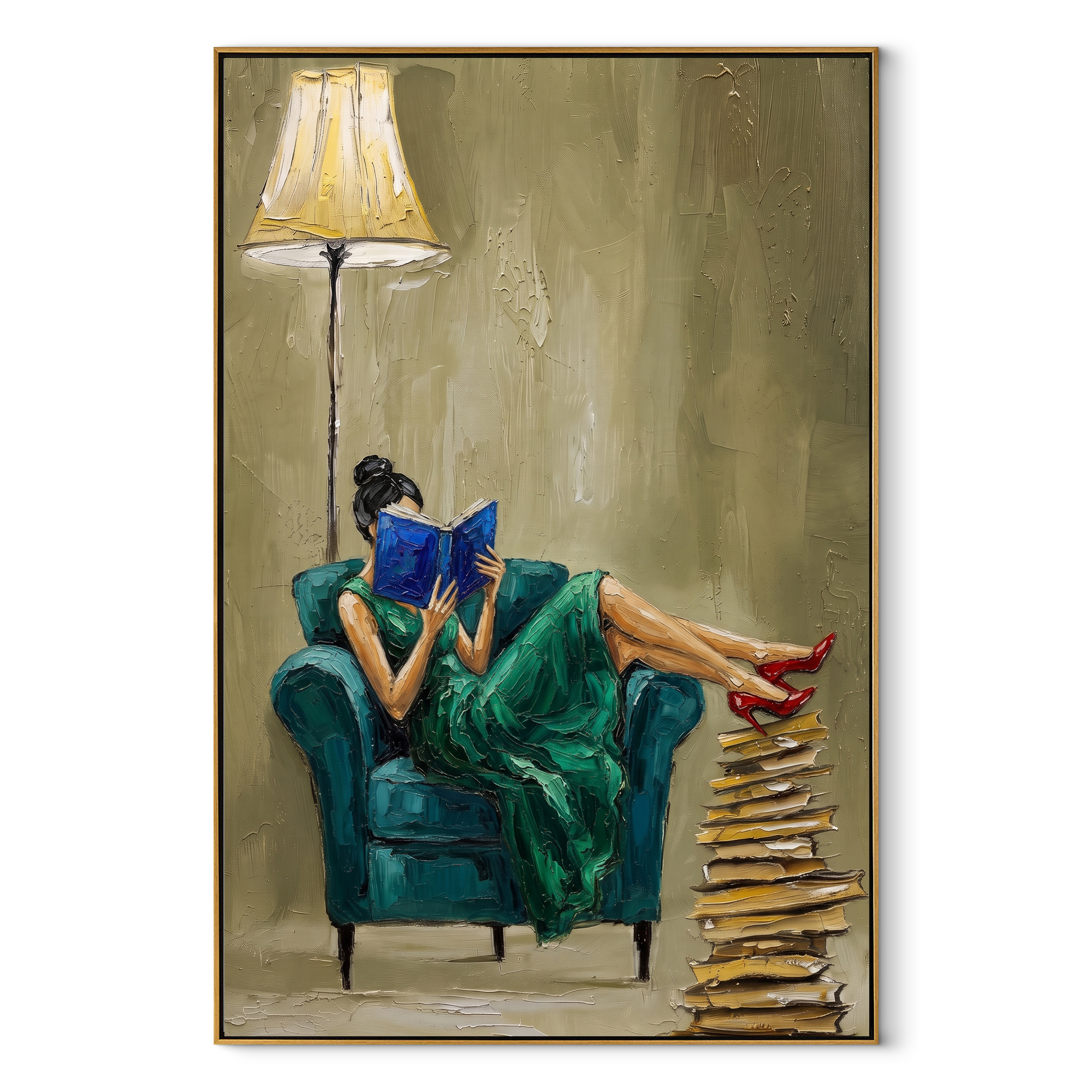Green Dress Reads Lamplight textured figurative painting, vertical canvas artwork