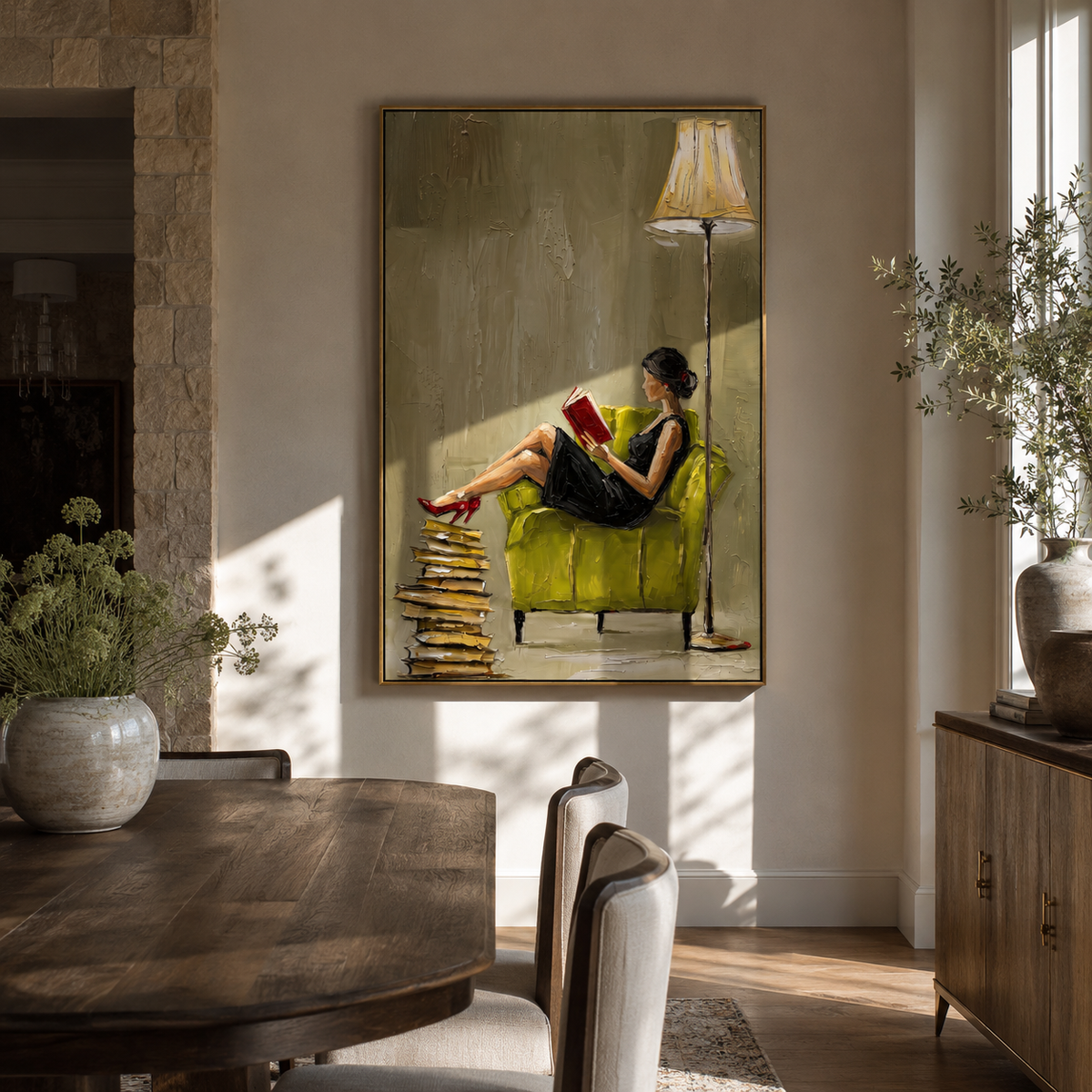 Burgundy Rests With Books presented above a contemporary console