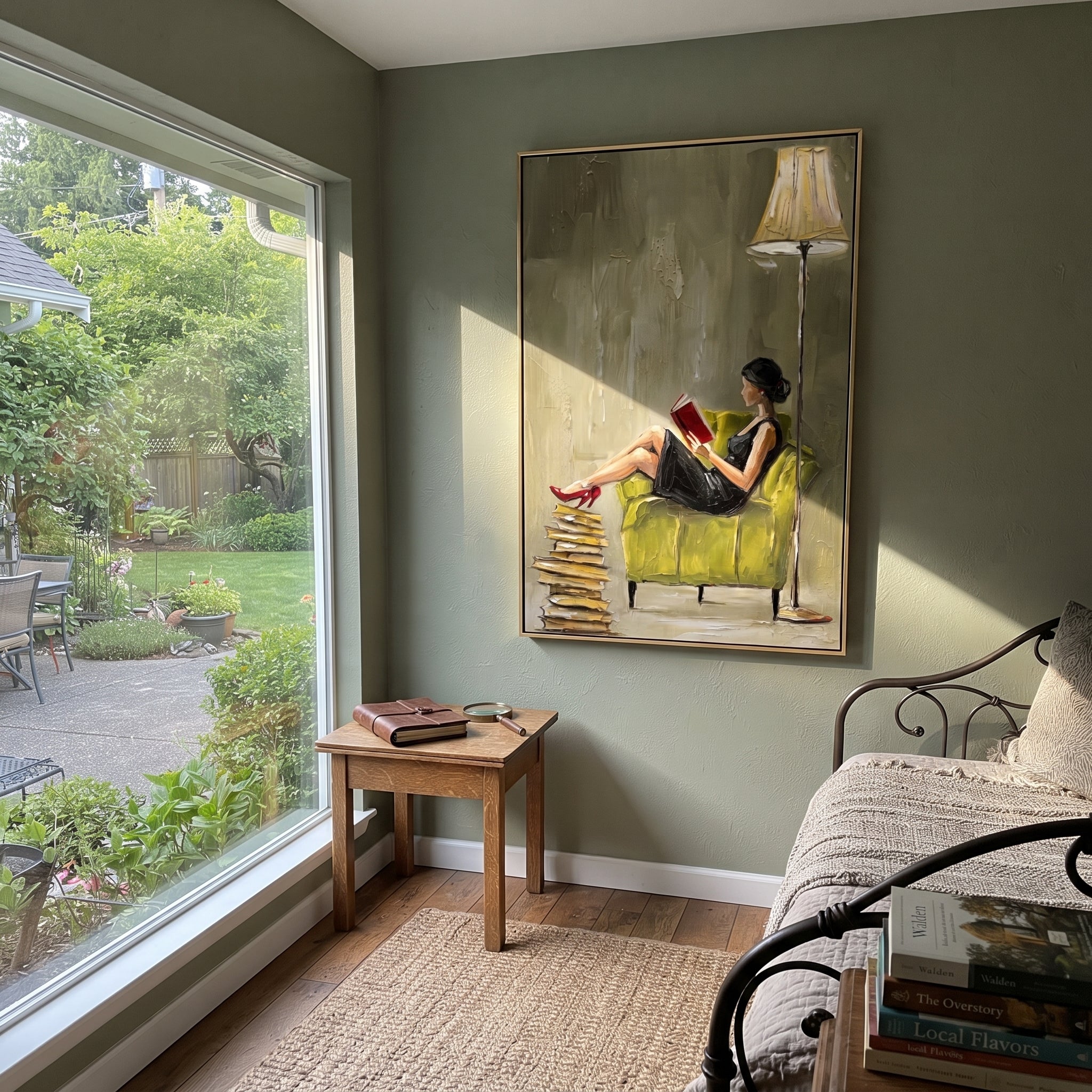Burgundy Rests With Books displayed as a Retro Modern room focal point