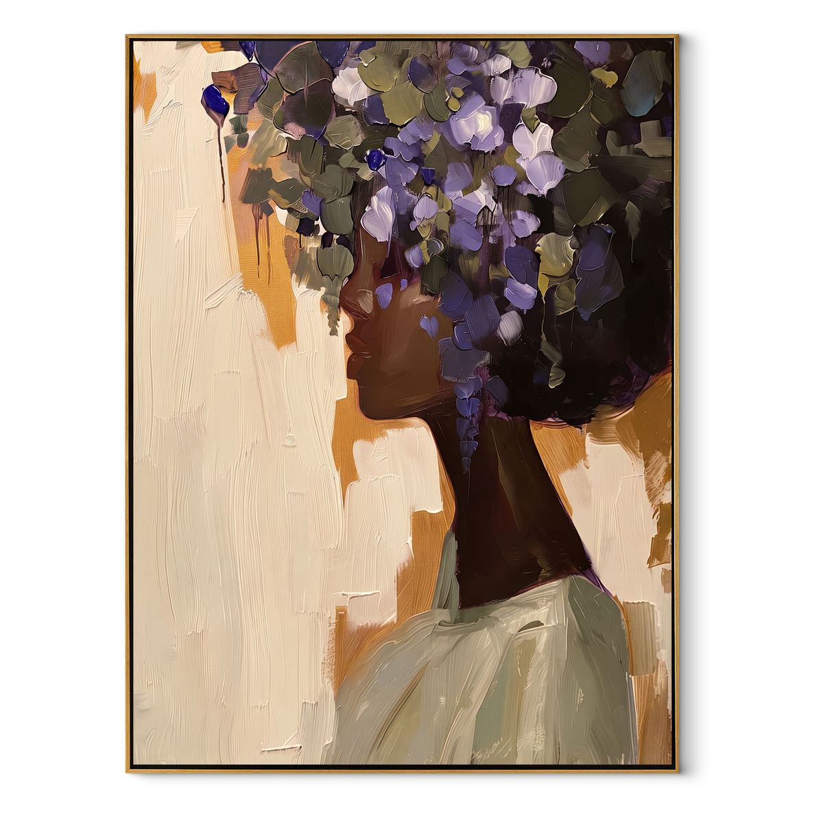 Dark Flowers Crown Profile textured figurative painting, vertical canvas artwork