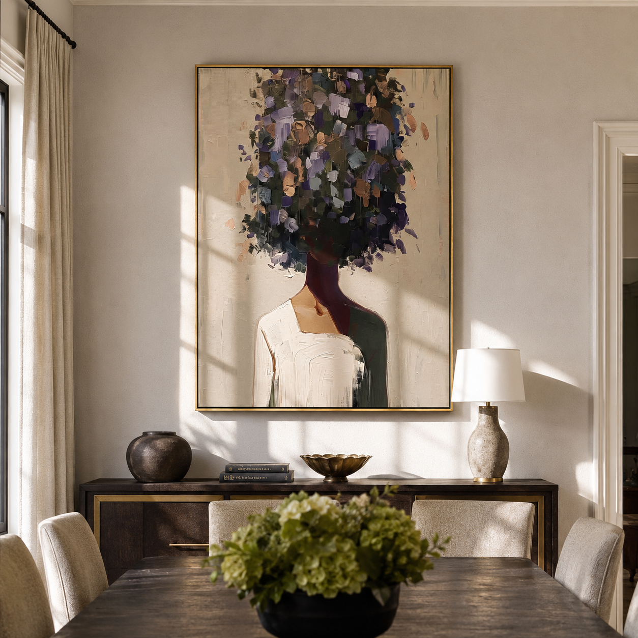 Bouquet Becomes Her Crown styled in a layered residential interior