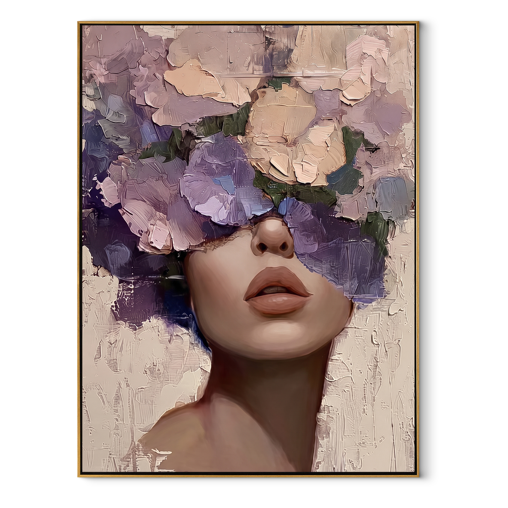 Violet Bouquet Hides Eyes textured figurative painting, vertical canvas artwork