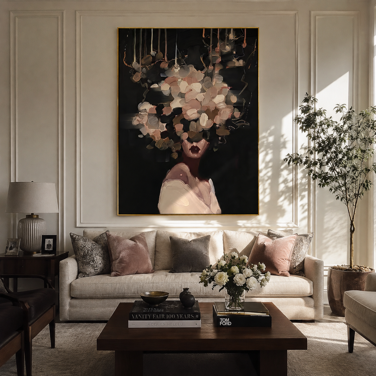 Blossoms Float Against Black displayed in a warm contemporary interior