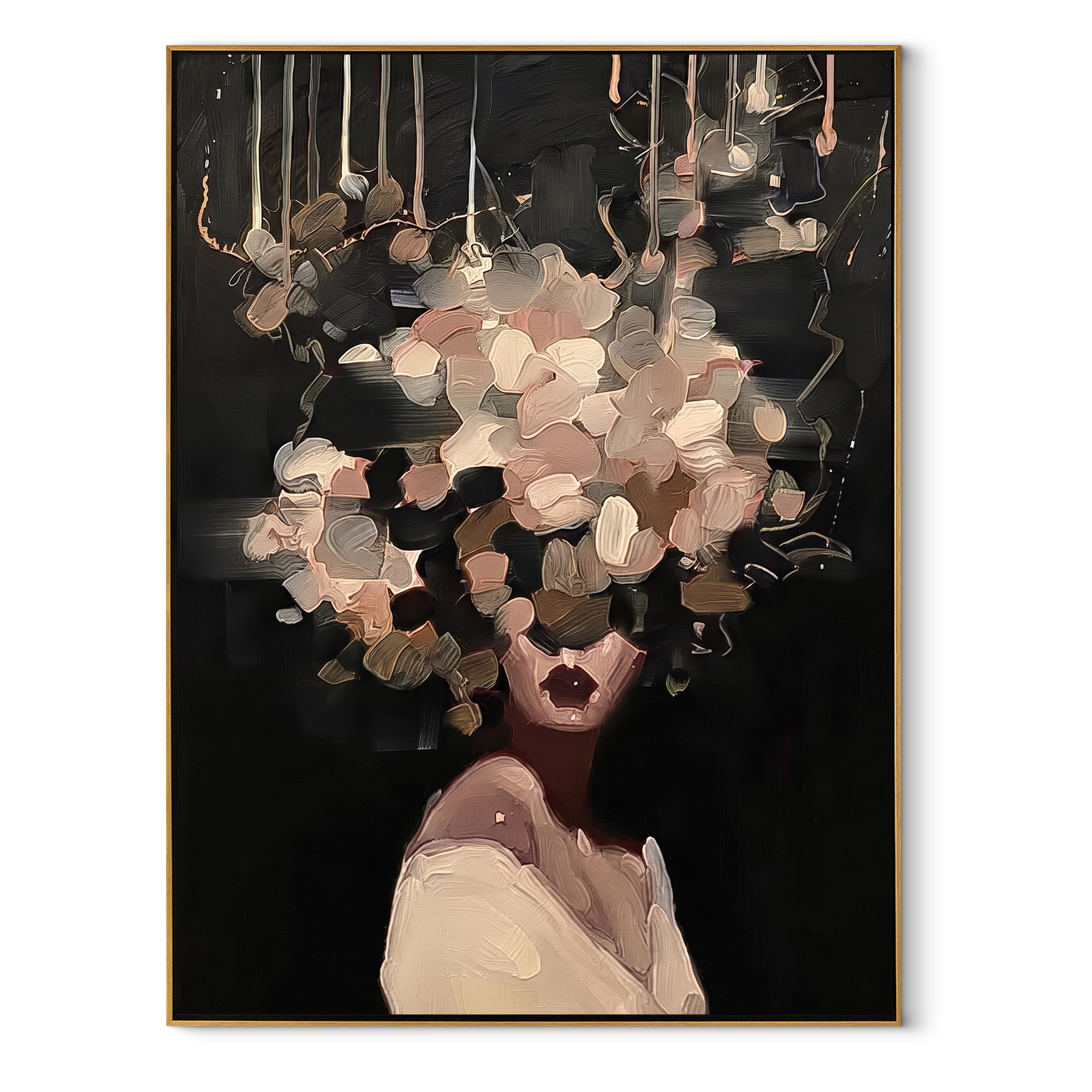 Blossoms Float Against Black textured figurative painting, vertical canvas artwork