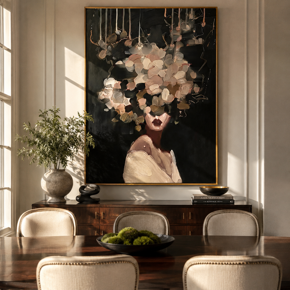 Blossoms Float Against Black styled with neutral modern furnishings