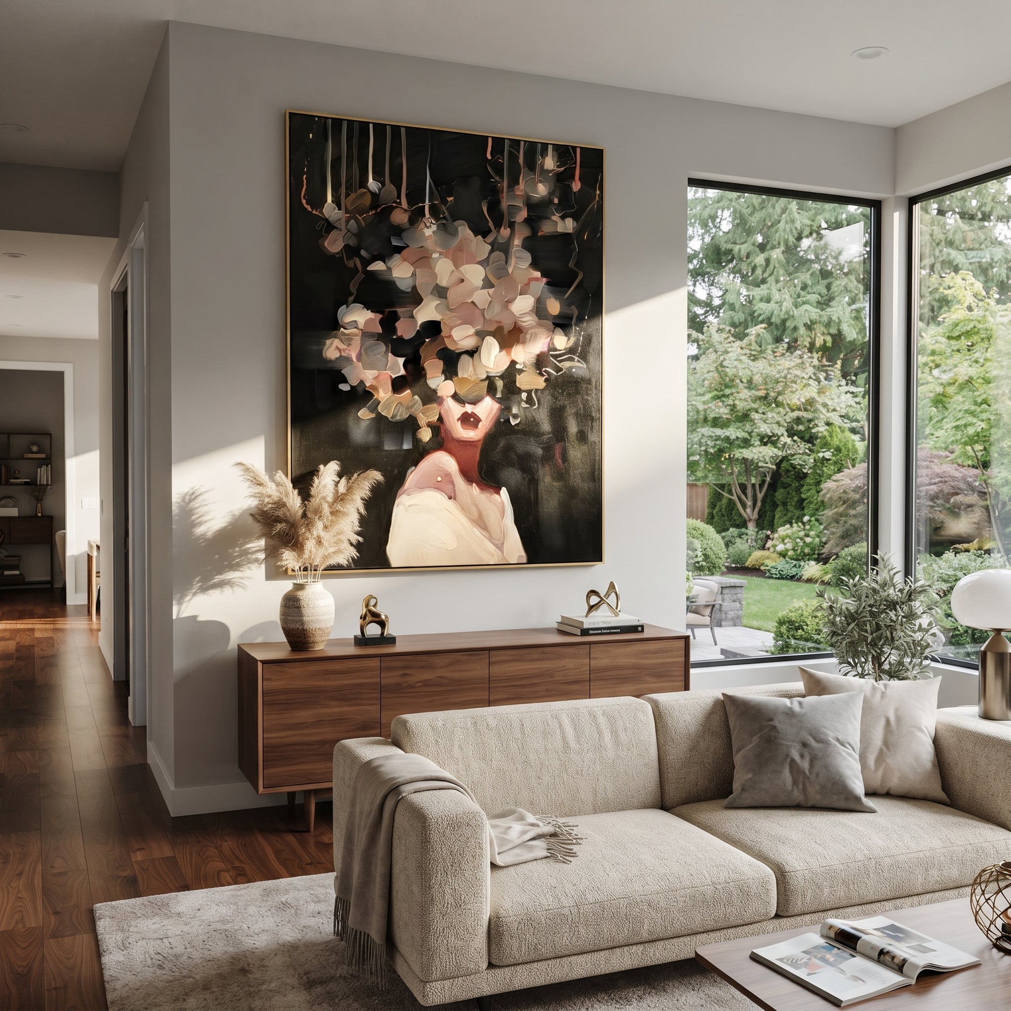 Blossoms Float Against Black presented above a contemporary console