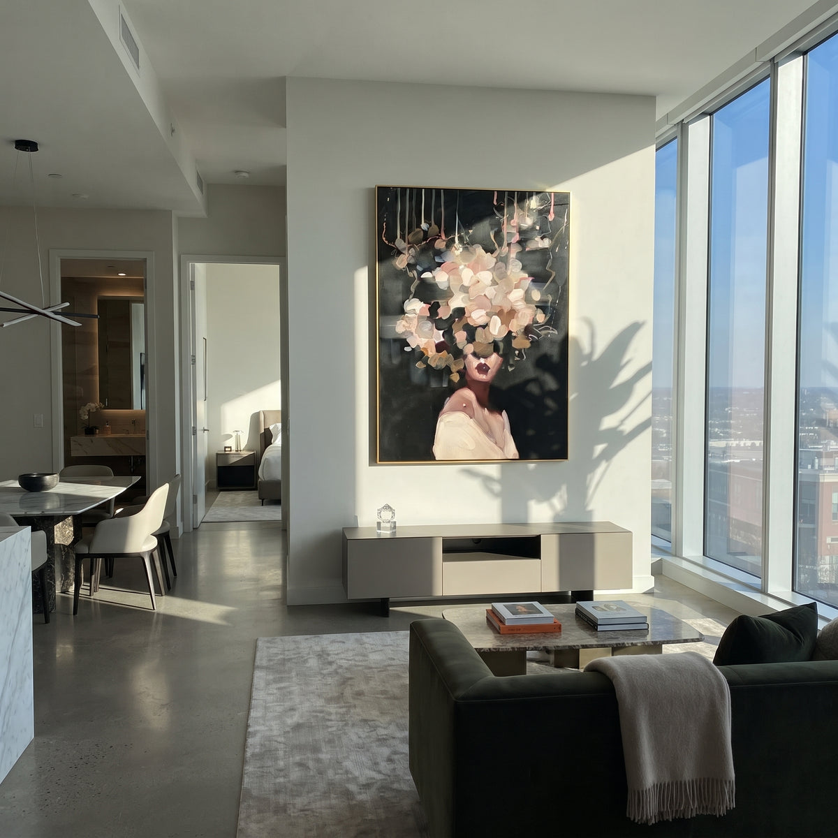 Blossoms Float Against Black displayed as a Retro Modern room focal point