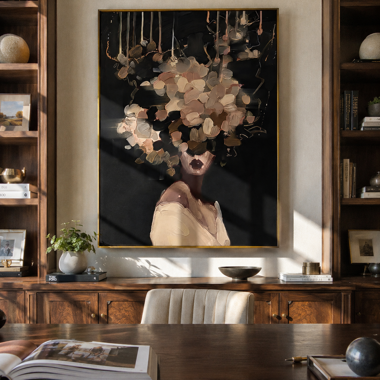 Blossoms Float Against Black styled in a layered residential interior