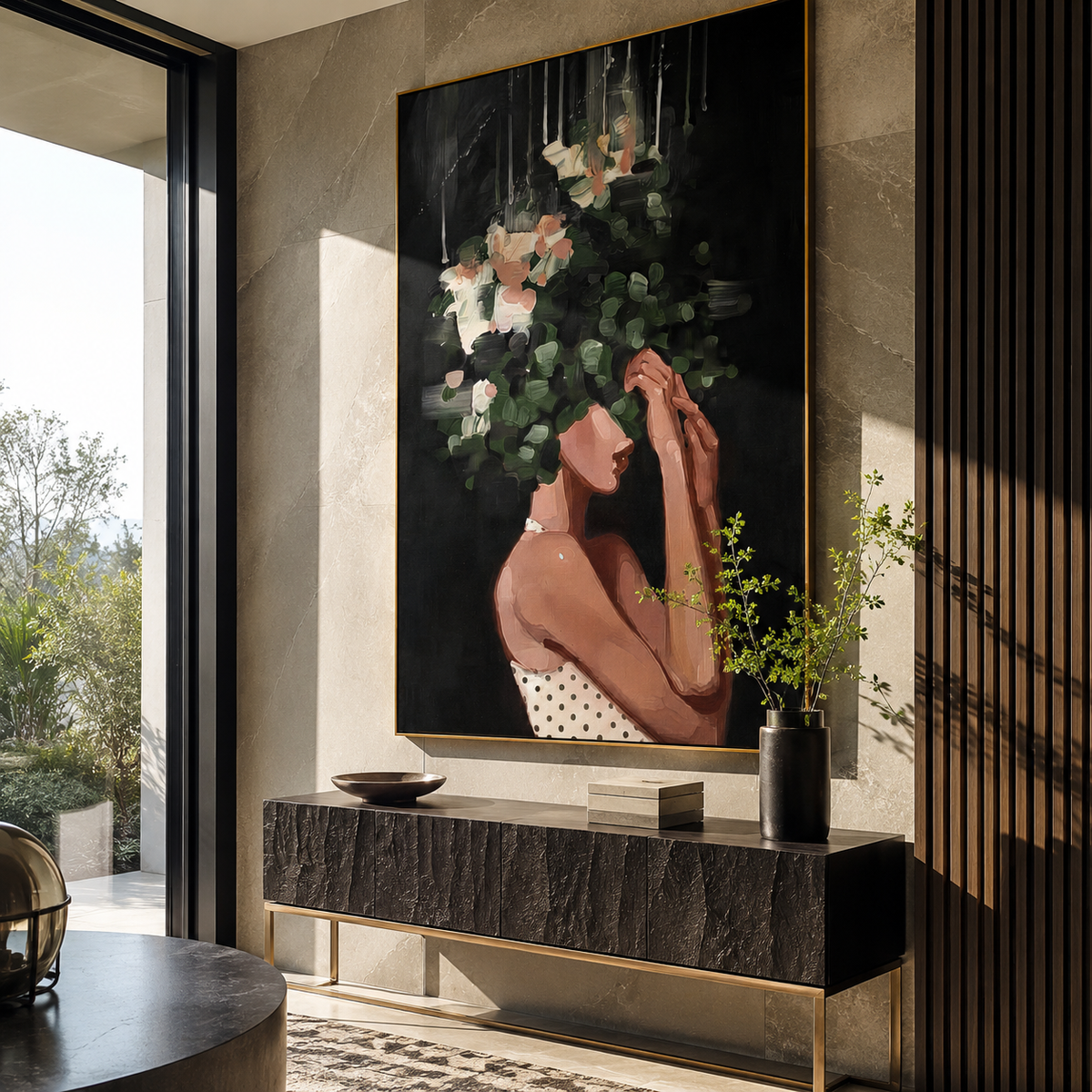 Night Bouquet Holds Her styled with neutral modern furnishings